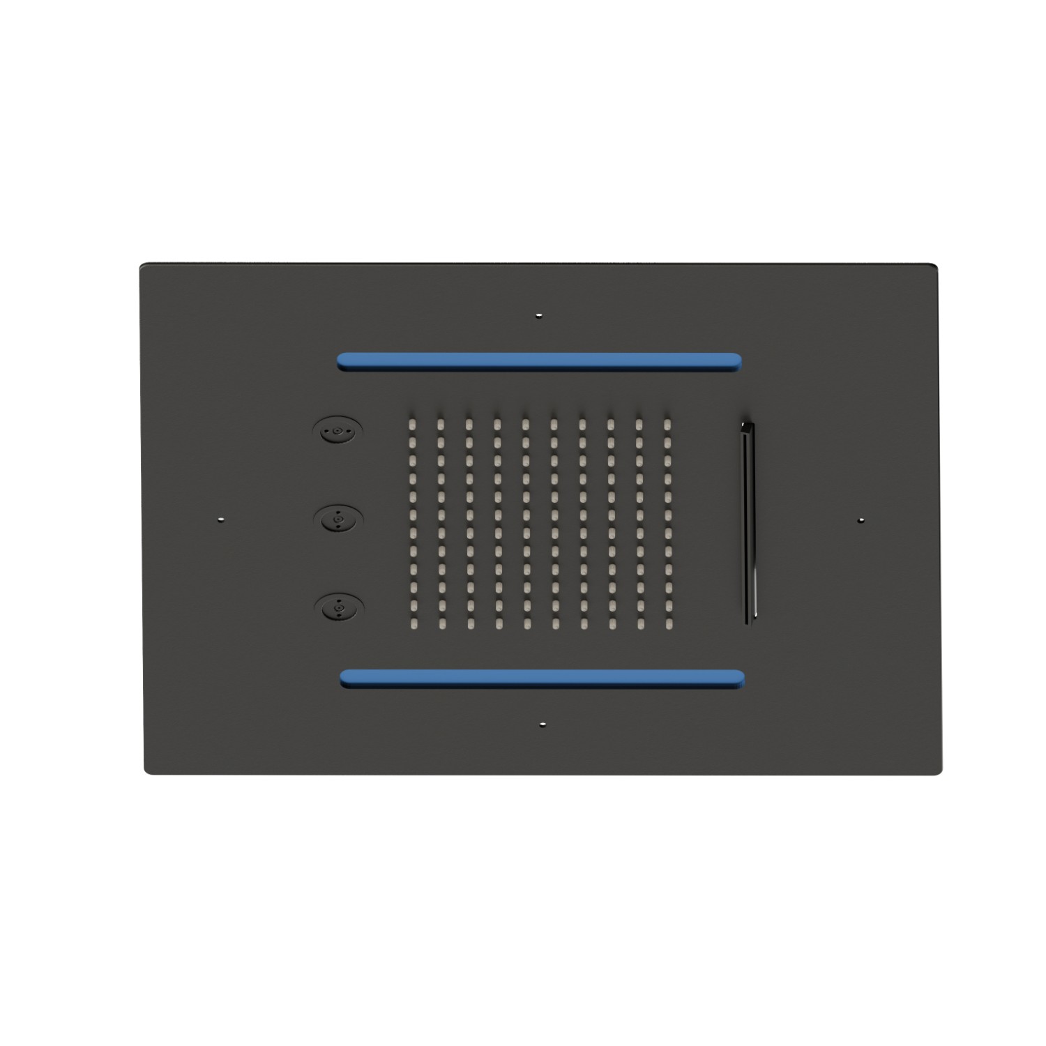 Soffione quadro ad incasso in acciaio con getto a pioggia, getto a cascata, atomizzatori e sistema di illuminazione multicolore automatico.
400x400 mm. - finitura Carbon Satin