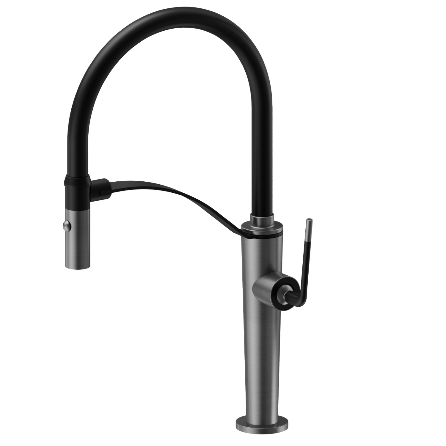 Mitigeur monocommande évier semi-professionnel avec bec pivotant
et orientable . Double jet  - finition PVD Brushed Gun Metal + Matt black