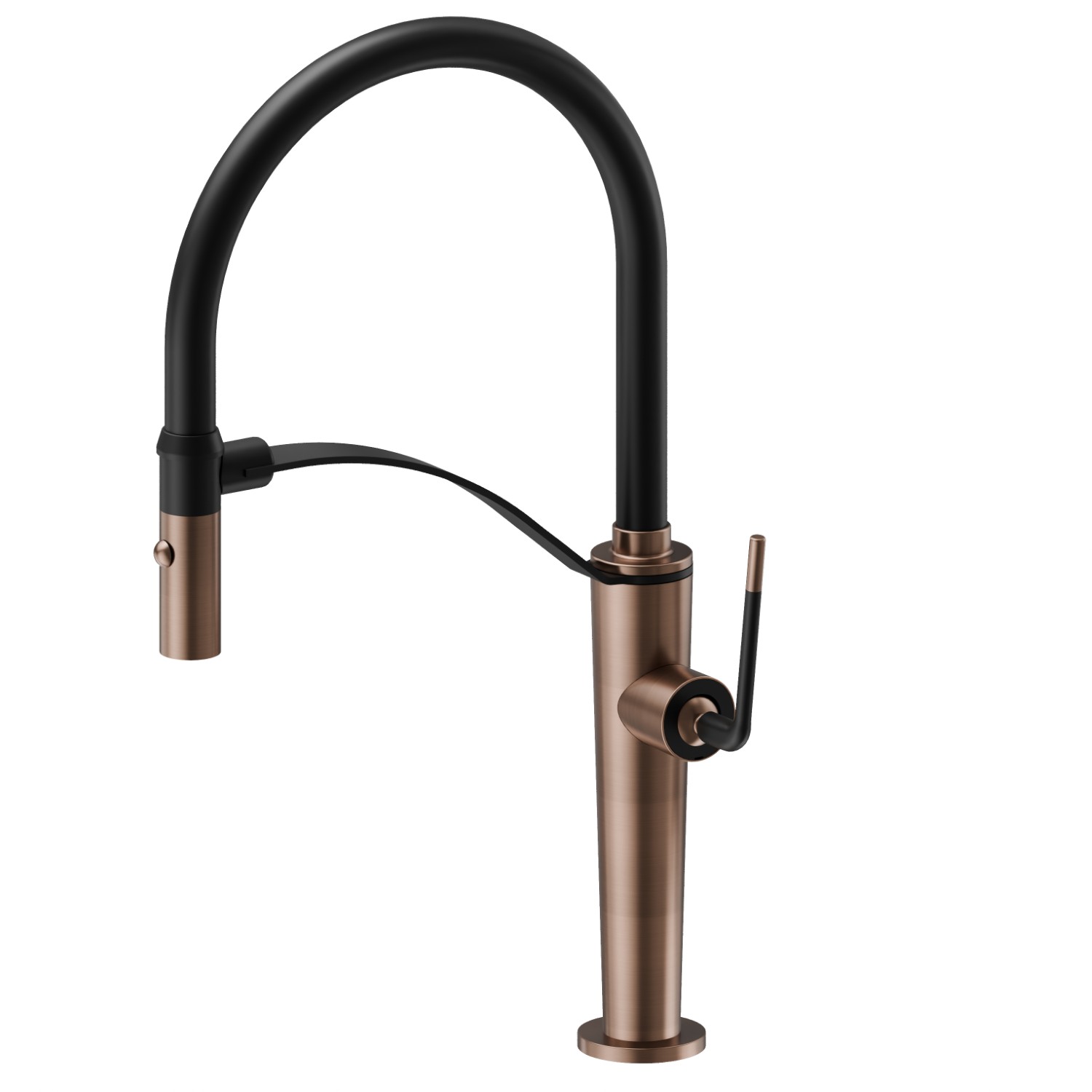 Semi-professional single-lever sink mixer with swivel and adjustable spout.
Double-jet flow - finish PVD Brushed Copper Bronze + Matt black