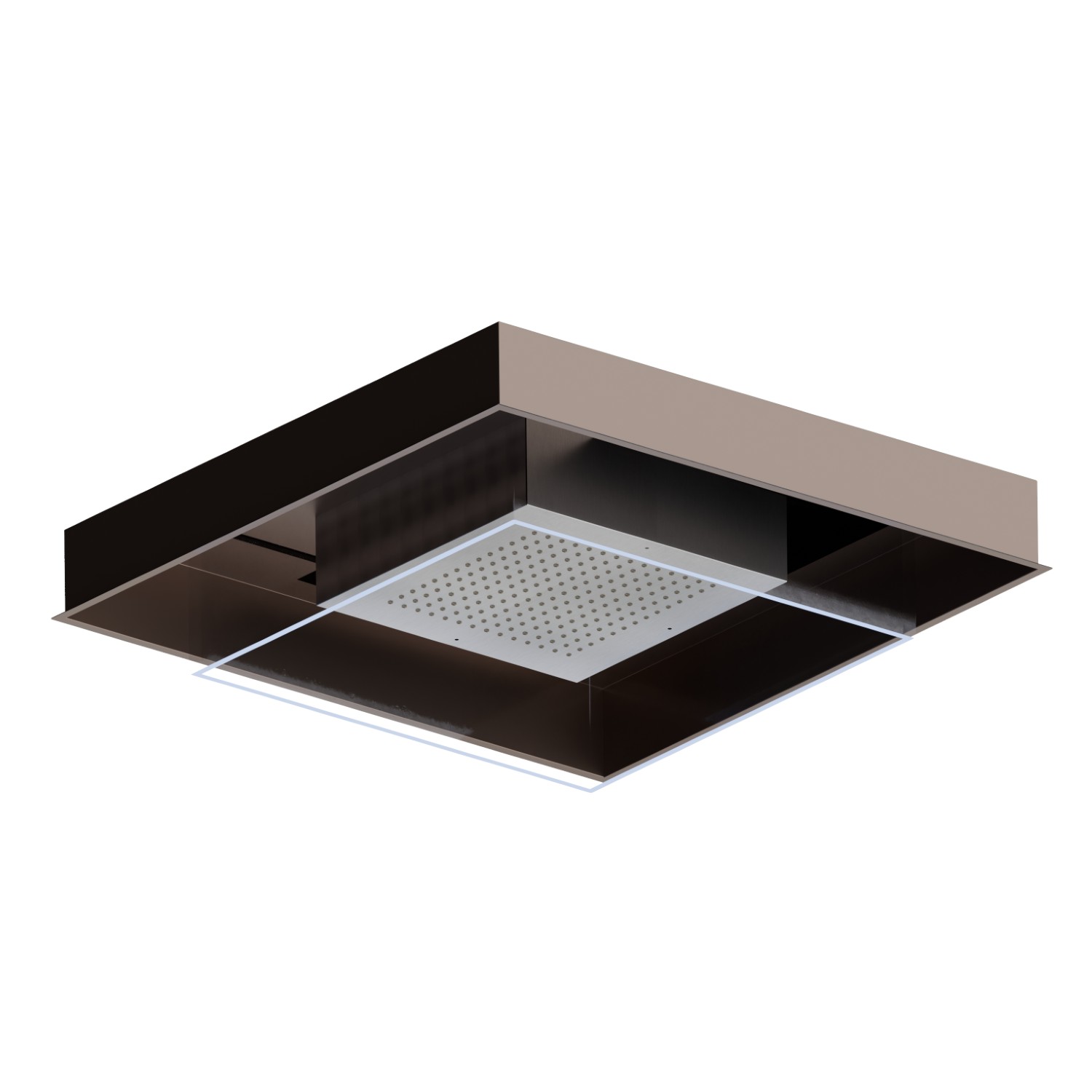 Einbau-Duschkopf aus Edelstahl AISI 316 mit Regenstrahl und Beleuchtungssystem für die Farbtherapie. Komplett mit Druckknopf - oberfläche Brushed steel + Copper Glossy