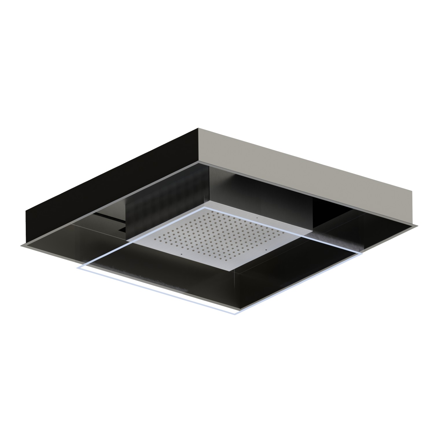 Einbau-Duschkopf aus Edelstahl AISI 316 mit Regenstrahl und Beleuchtungssystem für die Farbtherapie. Komplett mit Druckknopf - oberfläche Brushed steel + Titanium Satin