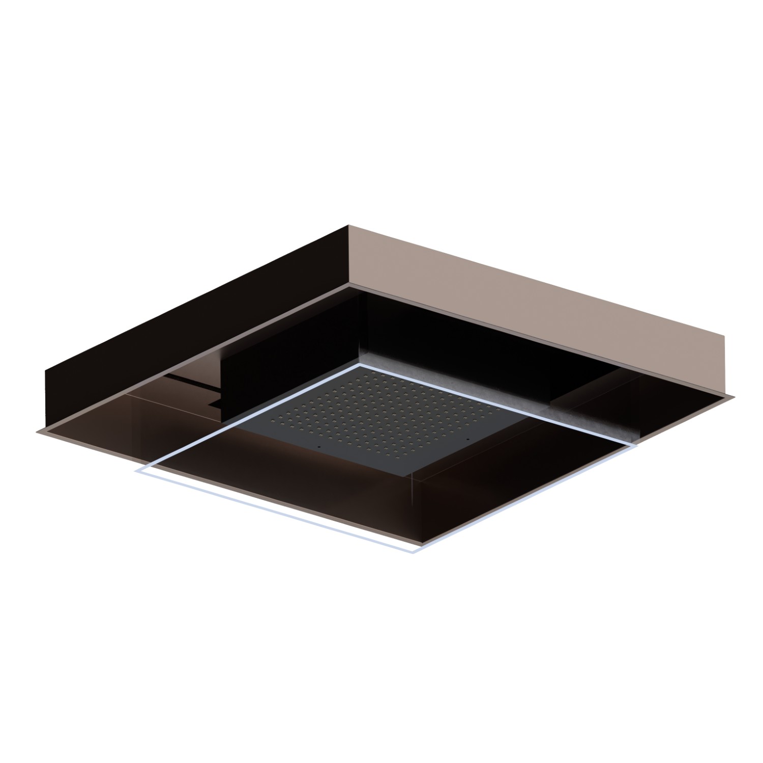 Ciel de pluie à encastrer en acier INOX AISI 316 avec jet de pluie et système d’éclairage chromothérapie. Avec bouton de commande externe - finition Matt black + Copper Glossy