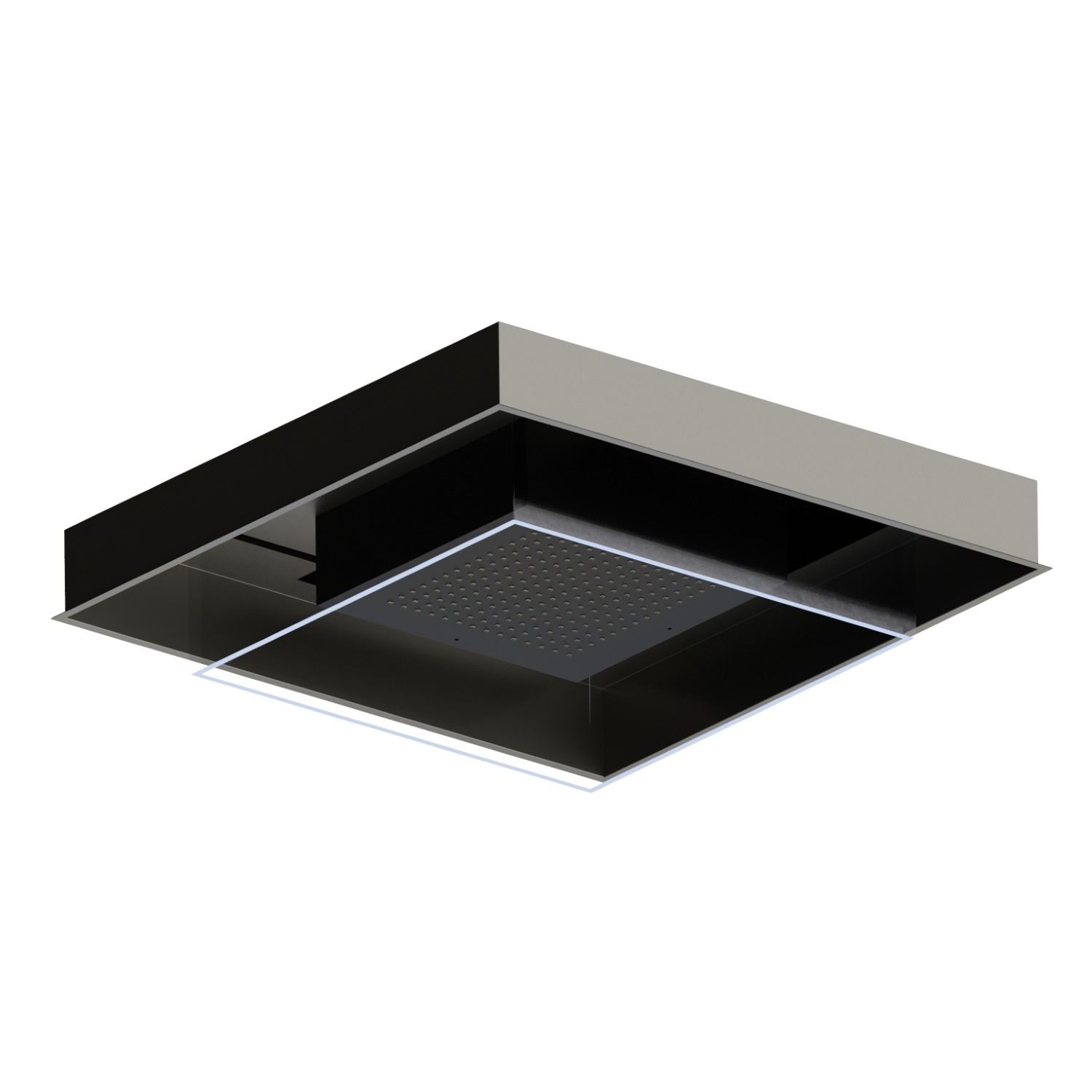 Ciel de pluie à encastrer en acier INOX AISI 316 avec jet de pluie et système d’éclairage chromothérapie. Avec bouton de commande externe - finition Matt black + Titanium Satin