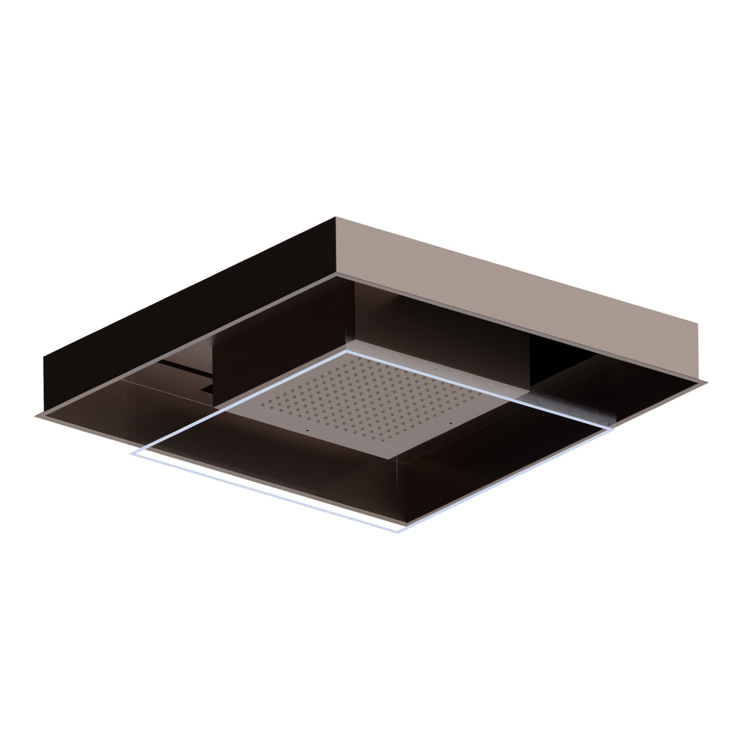 Ciel de pluie à encastrer en acier INOX AISI 316 avec jet de pluie et système d’éclairage chromothérapie. Avec bouton de commande externe - finition Copper Glossy