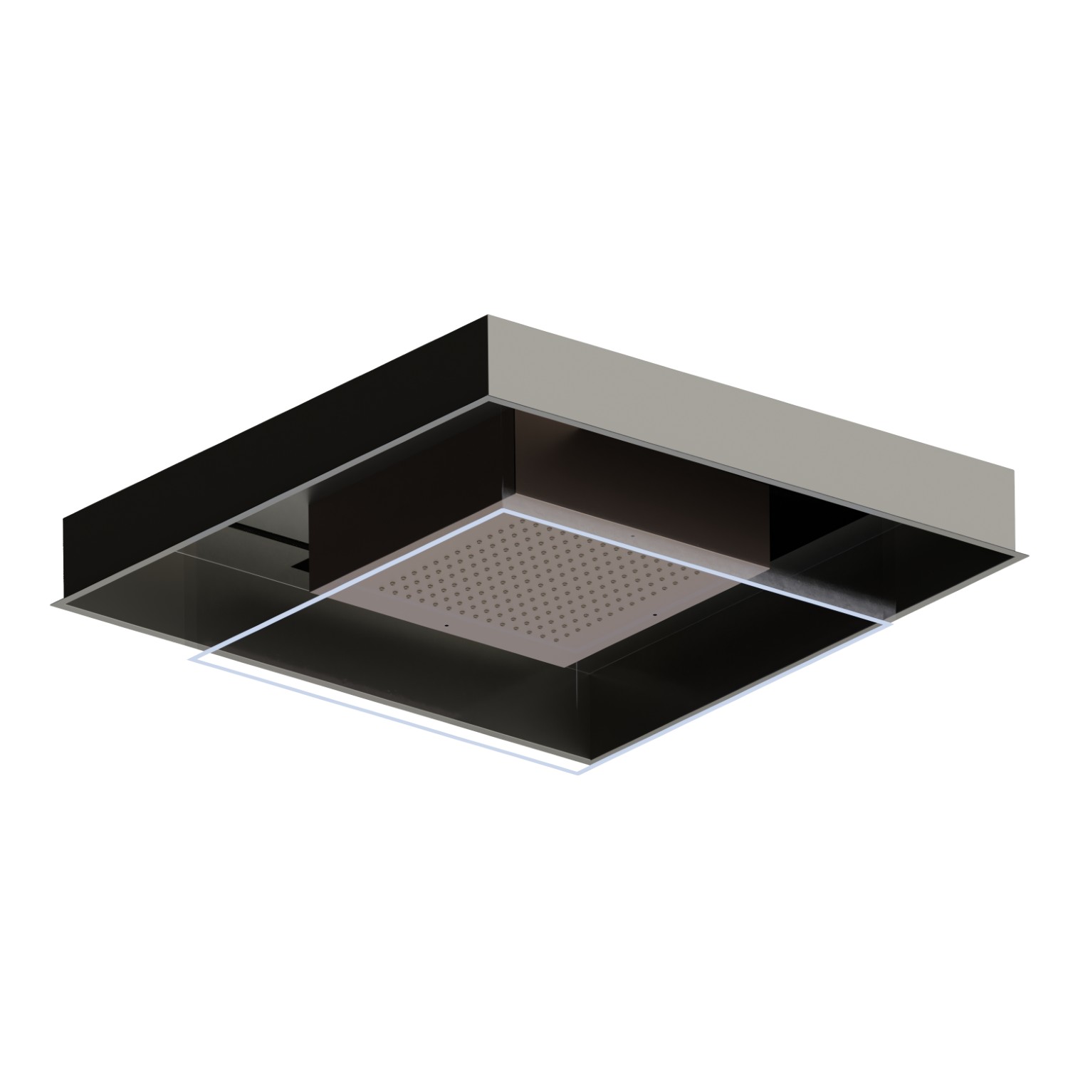 Ciel de pluie à encastrer en acier INOX AISI 316 avec jet de pluie et système d’éclairage chromothérapie. Avec bouton de commande externe - finition  Copper Glossy + Titanium Satin
