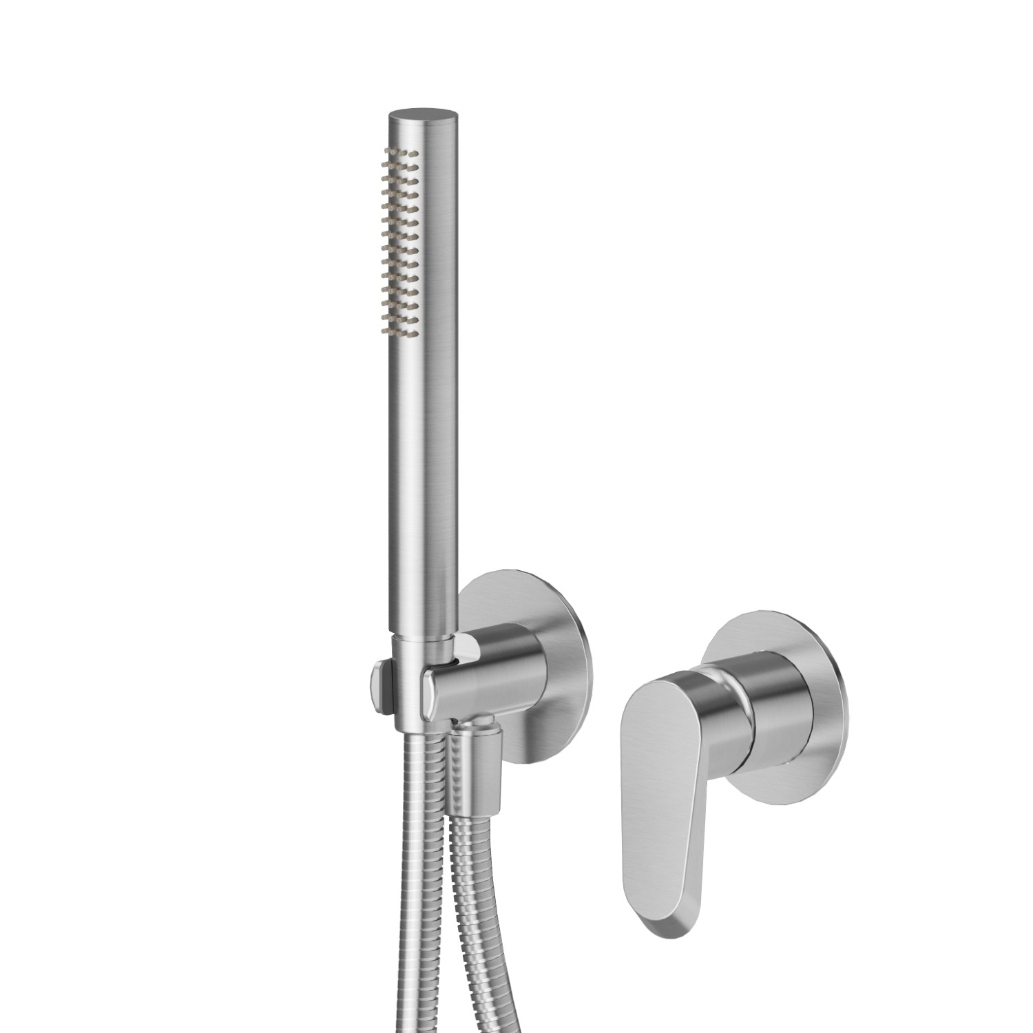 Complete concealed shower group, with shower set and mixer. Ø70 - finish PVD Brushed steel