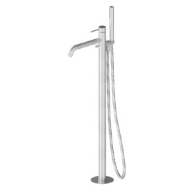 Floor mounted bath group, with mixer, diverter and shower set - finish Stainless Steel