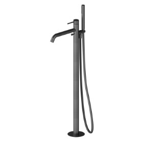 Mitigeur sur pied pour baignoire ilôt, prise d’eau au sol corps d’alimentation, inverseur et douchette - finition PVD Brushed Gun Metal