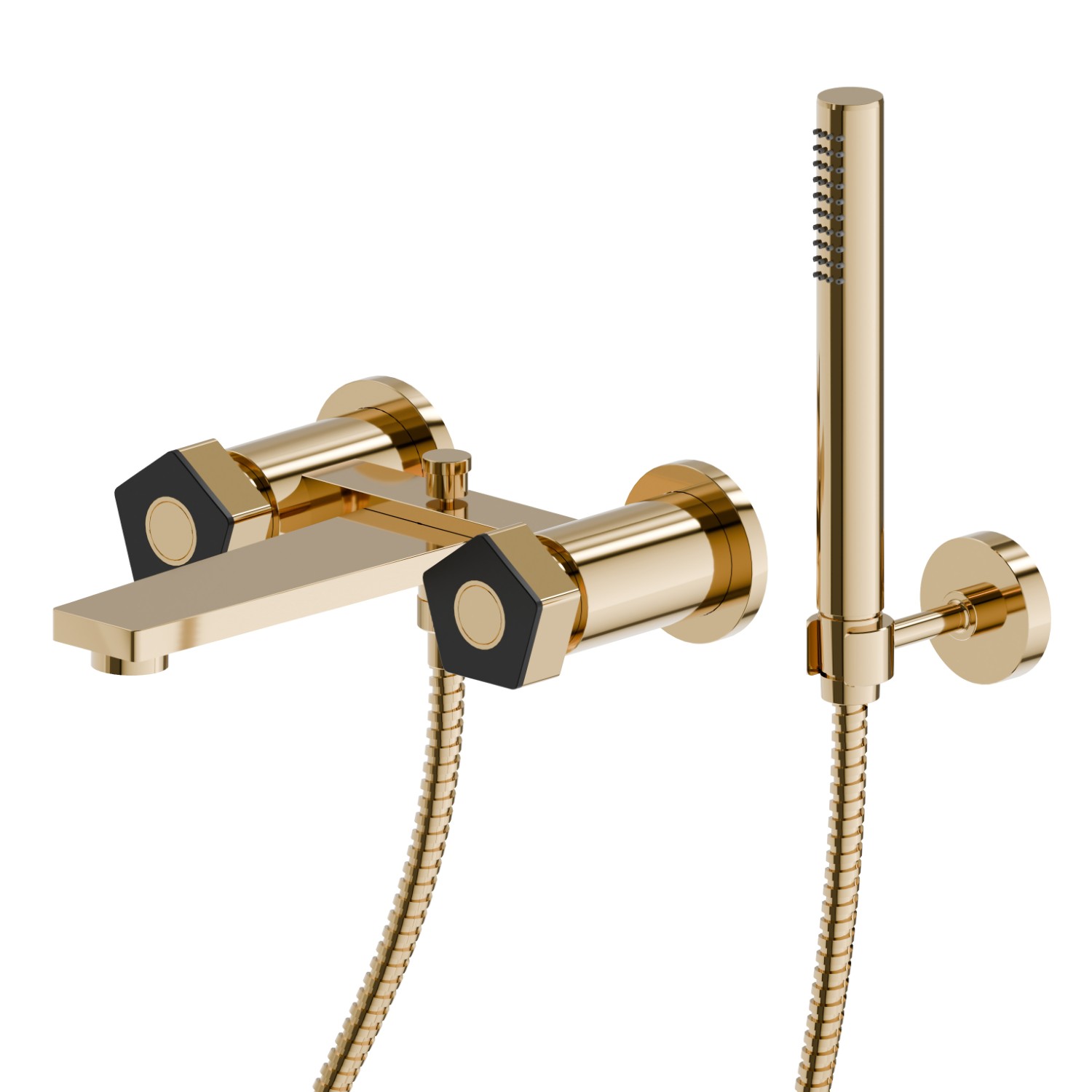 Complete bath group with fixed shower holder, PVC flexible, hand shower - finish PVD Glossy Gold - Matt Black