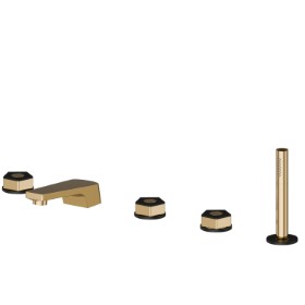 5-hole complete set of deck-mounted mixer, spout, diverter and hand shower set - finish PVD Glossy Gold - Matt Black