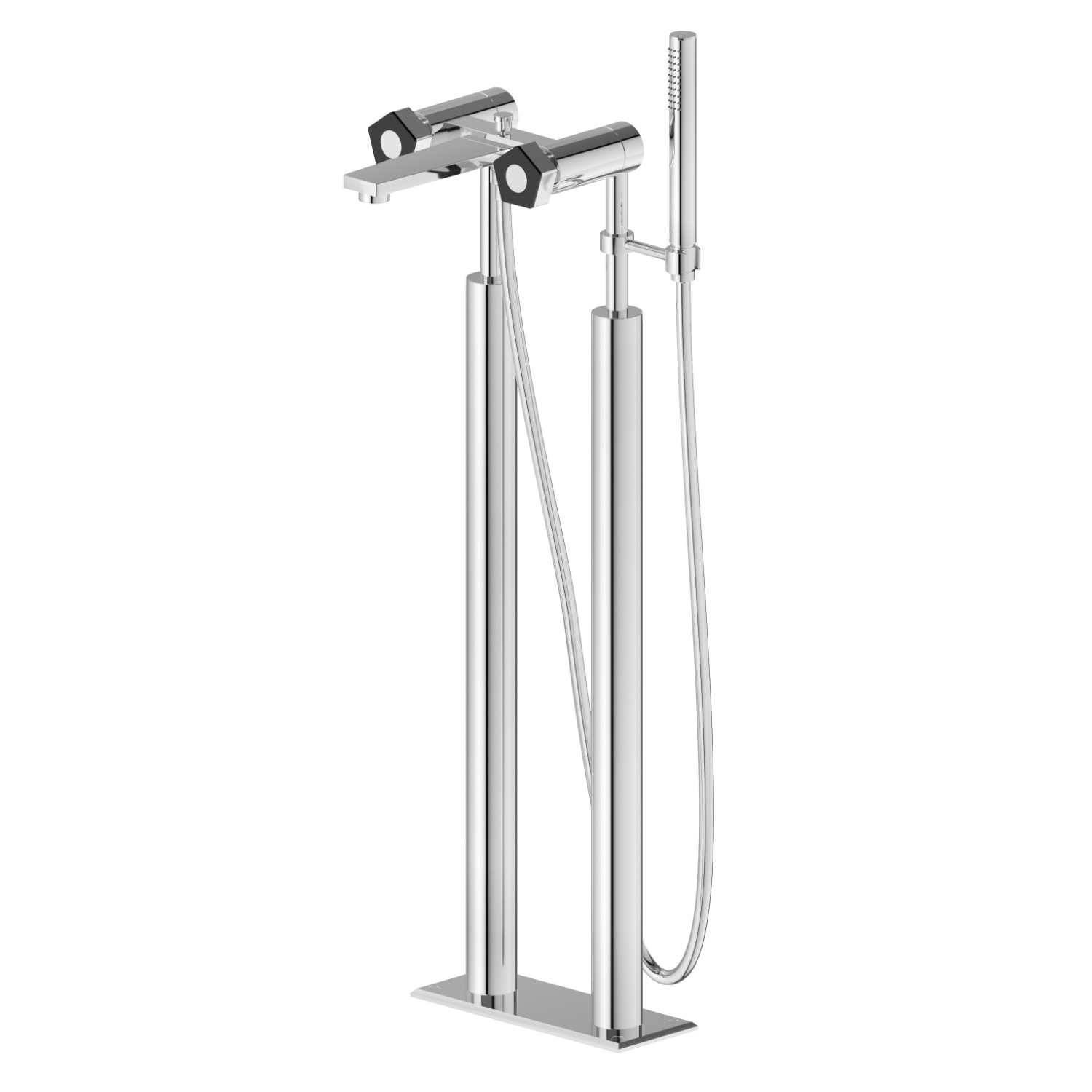 Gruppo vasca con colonne di alimentazione a pavimento, deviatore automatico, flessibile L=150 cm e doccetta in ottone - finitura Chrome - Matt Black