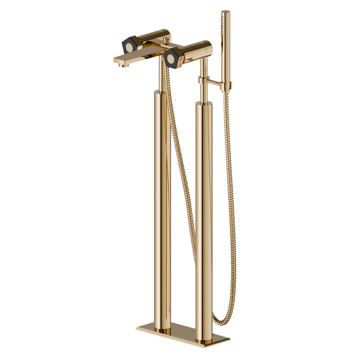 Bath group with floor supply pillars, automatic diverter, L=150 cm flexible
and hand shower - finish PVD Glossy Gold - Matt Black