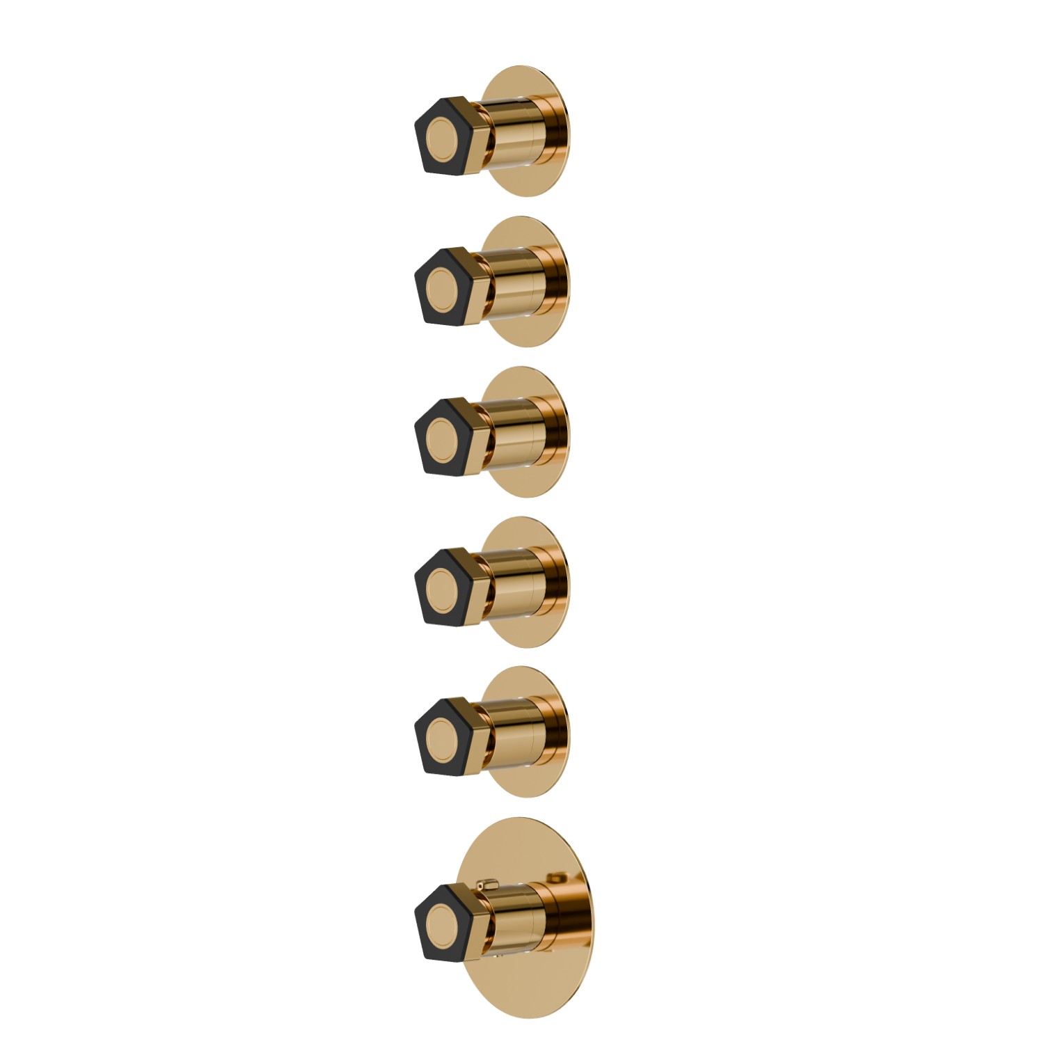 5 ways out concealed thermostatic multifunction selectors. 3/4” connections. External part. Ø70 - finish PVD Glossy Gold - Matt Black