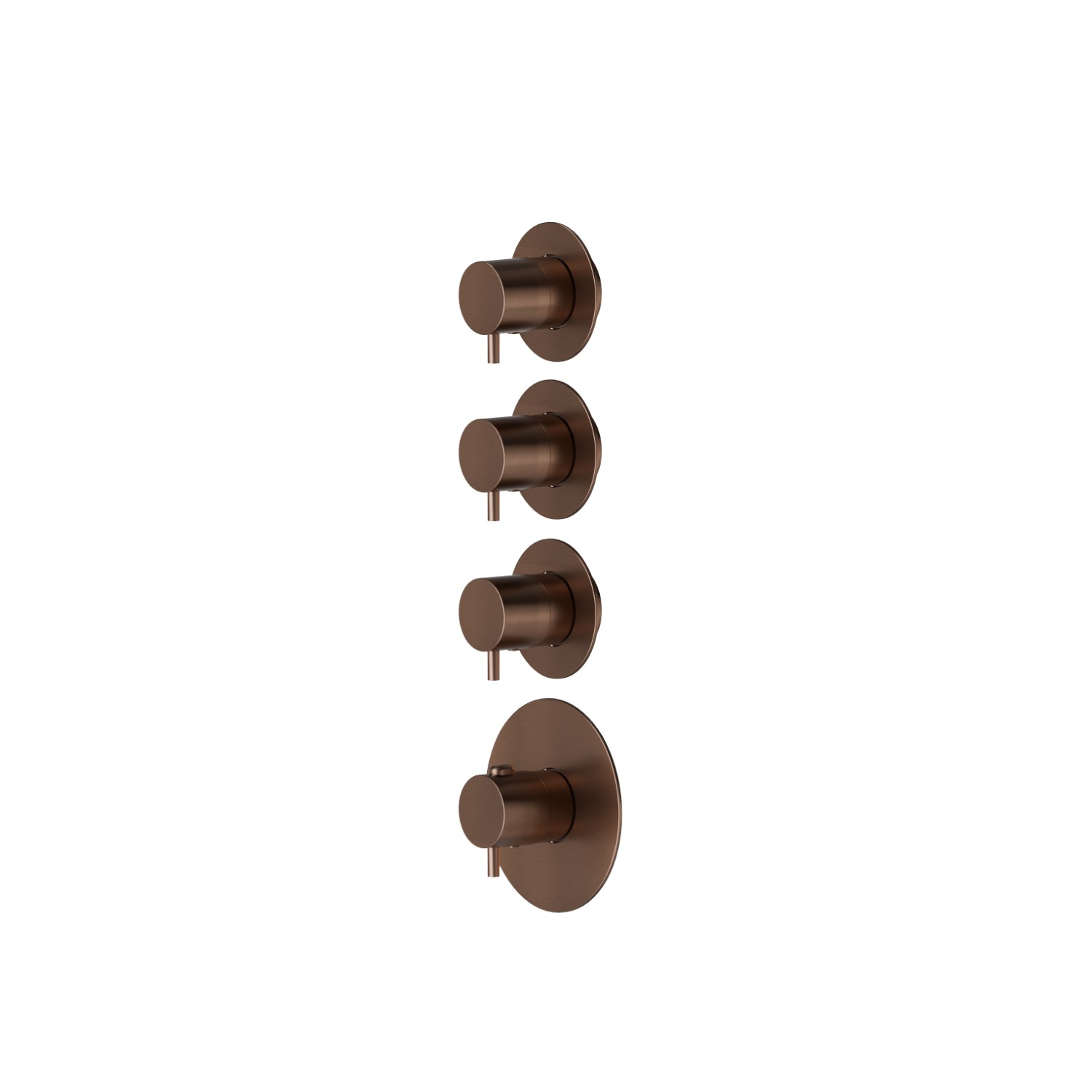 Miscelatore termostatico multiutenza ad incasso a 3 uscite. ingressi ed uscite da 3/4”. Ø70. Parte esterna - finitura PVD Brushed Copper Bronze