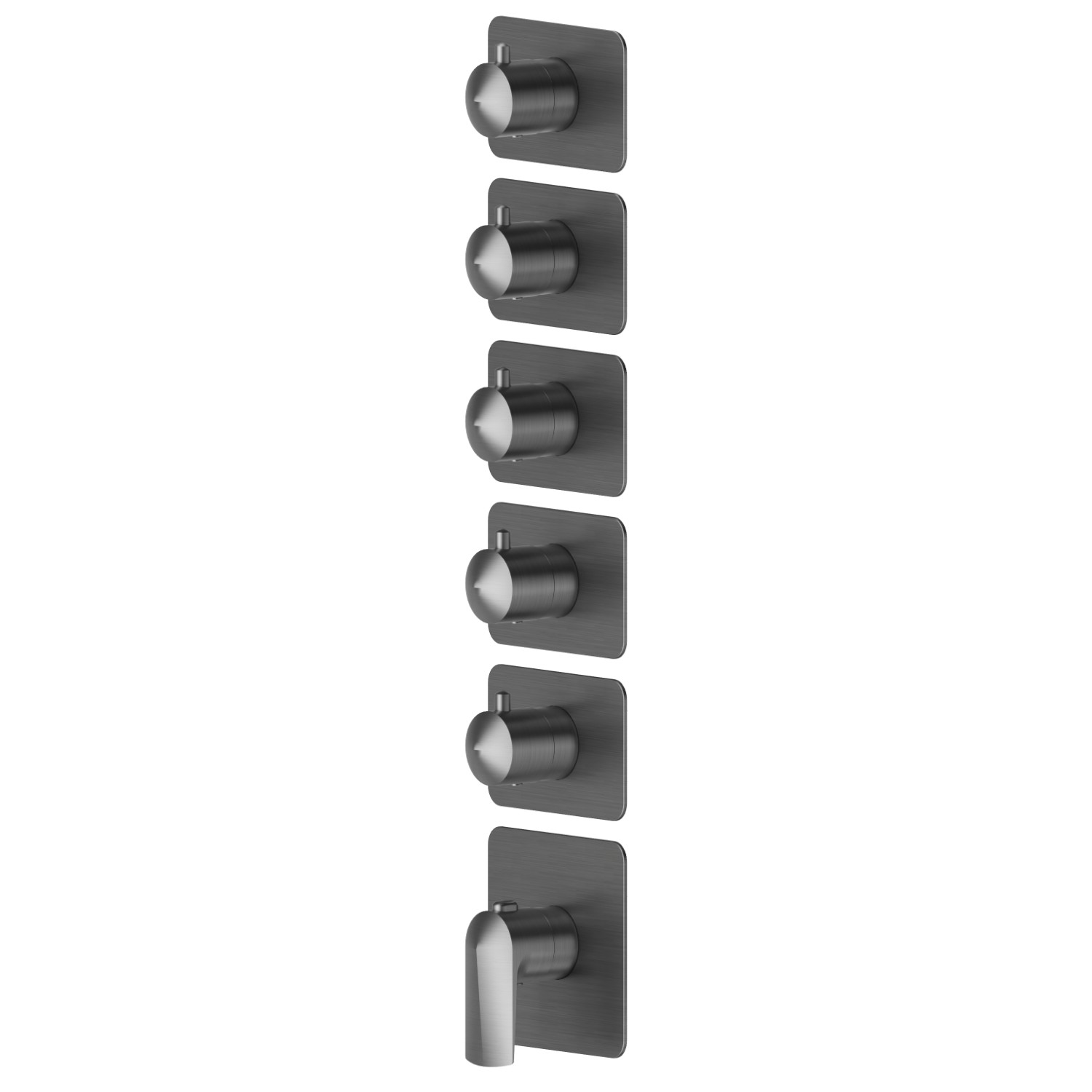 Mitigeurs de douche thermostatiques à encastrer 5 sorties. entrées et sorties de 3/4”. Façade murale - finition PVD Brushed Gun Metal