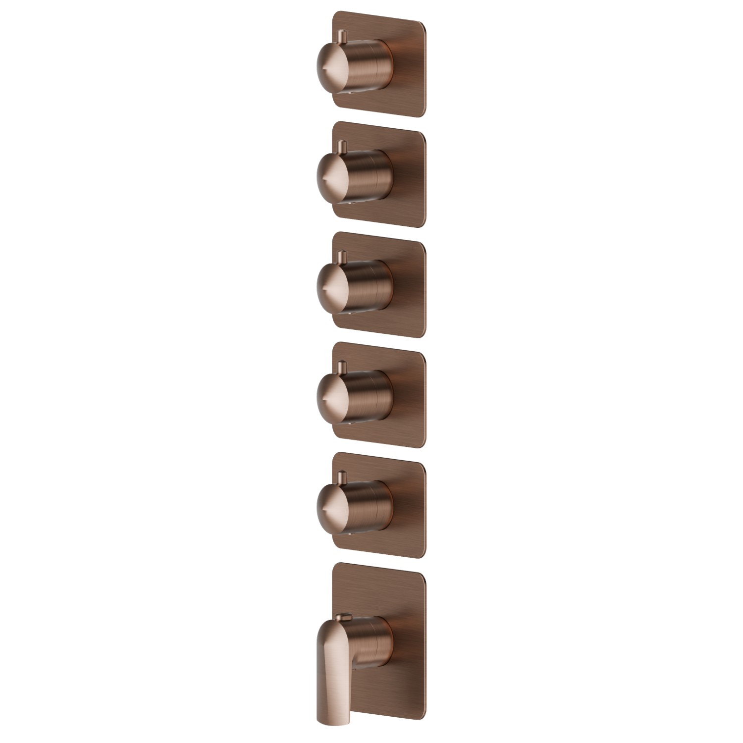 Mitigeurs de douche thermostatiques à encastrer 5 sorties. entrées et sorties de 3/4”. Façade murale - finition PVD Brushed Copper Bronze