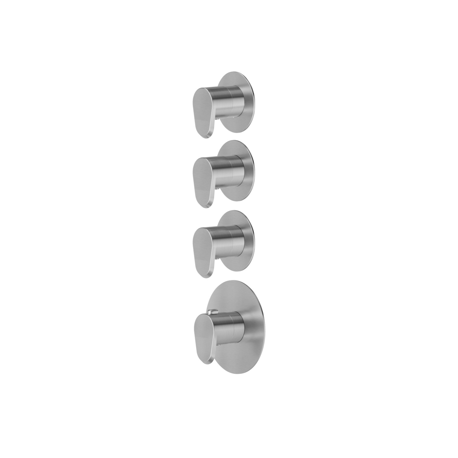 3 ways out concealed thermostatic multifunction selectors. 3/4” connections. Ø70 - finish PVD Brushed steel