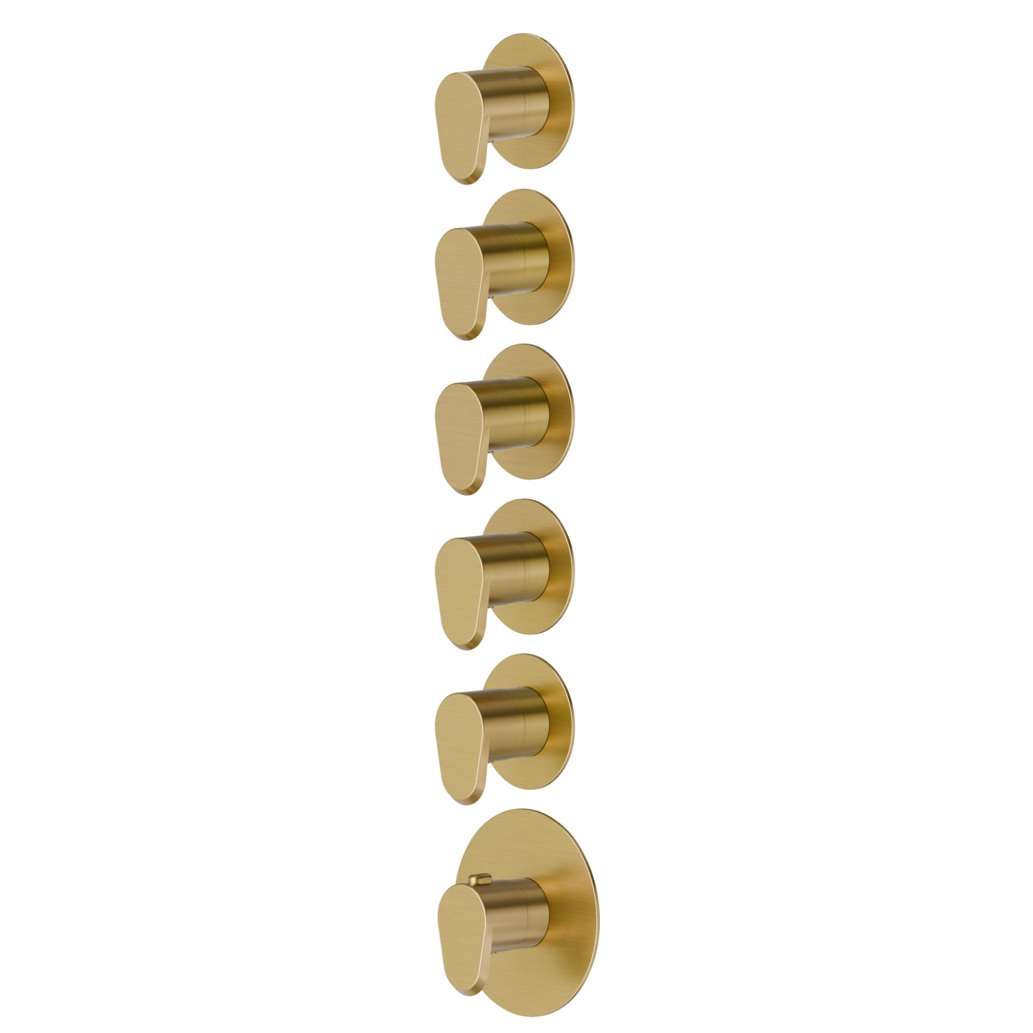 Miscelatore termostatico multiutenza ad incasso a 5 uscite. ingressi ed uscite da 3/4”. Ø70 - finitura PVD Brushed Gold