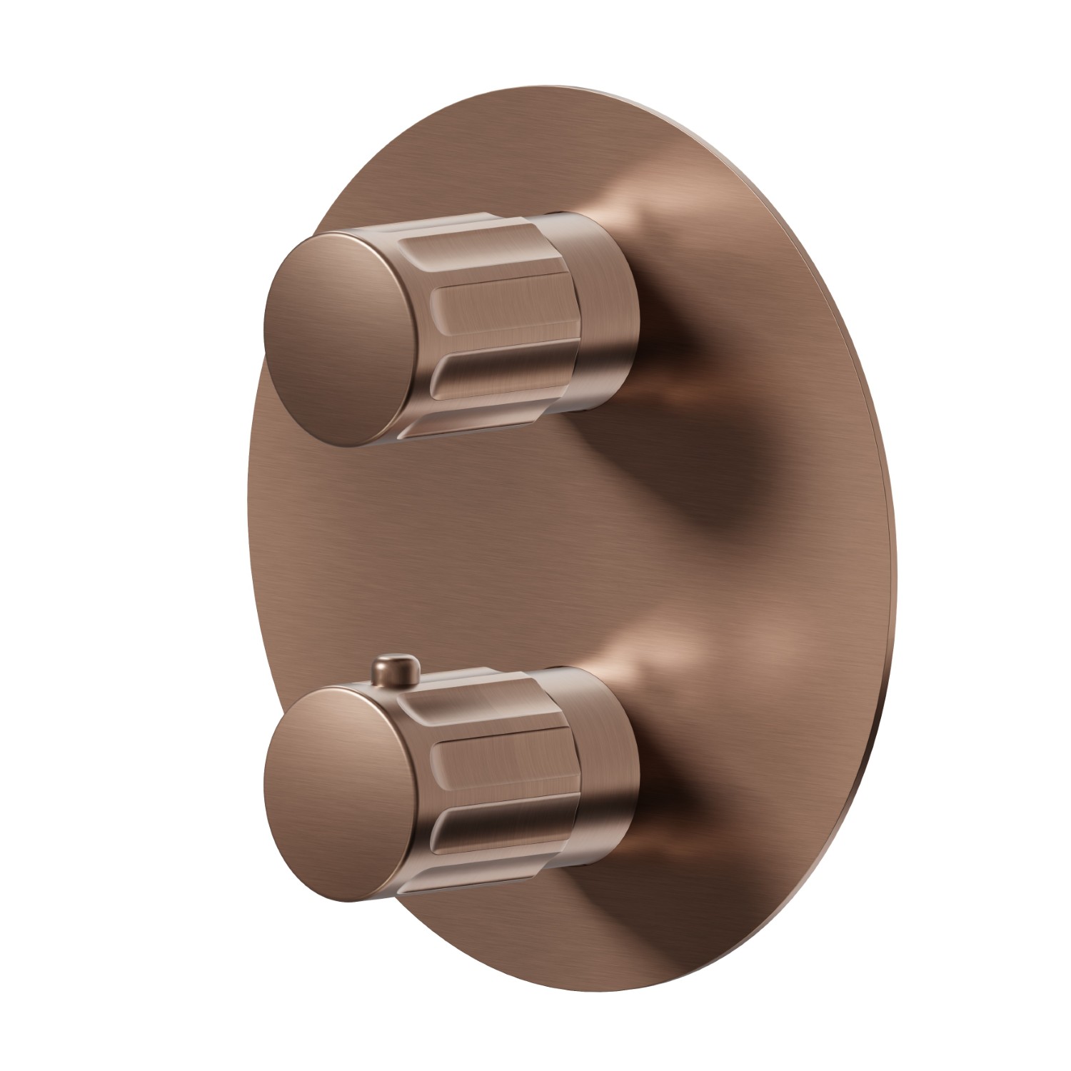 Miscelatore termostatico ad incasso, con comando per la regolazione della temperatura e deviatore a 3 uscite. Parte esterna - finitura PVD Brushed Copper Bronze