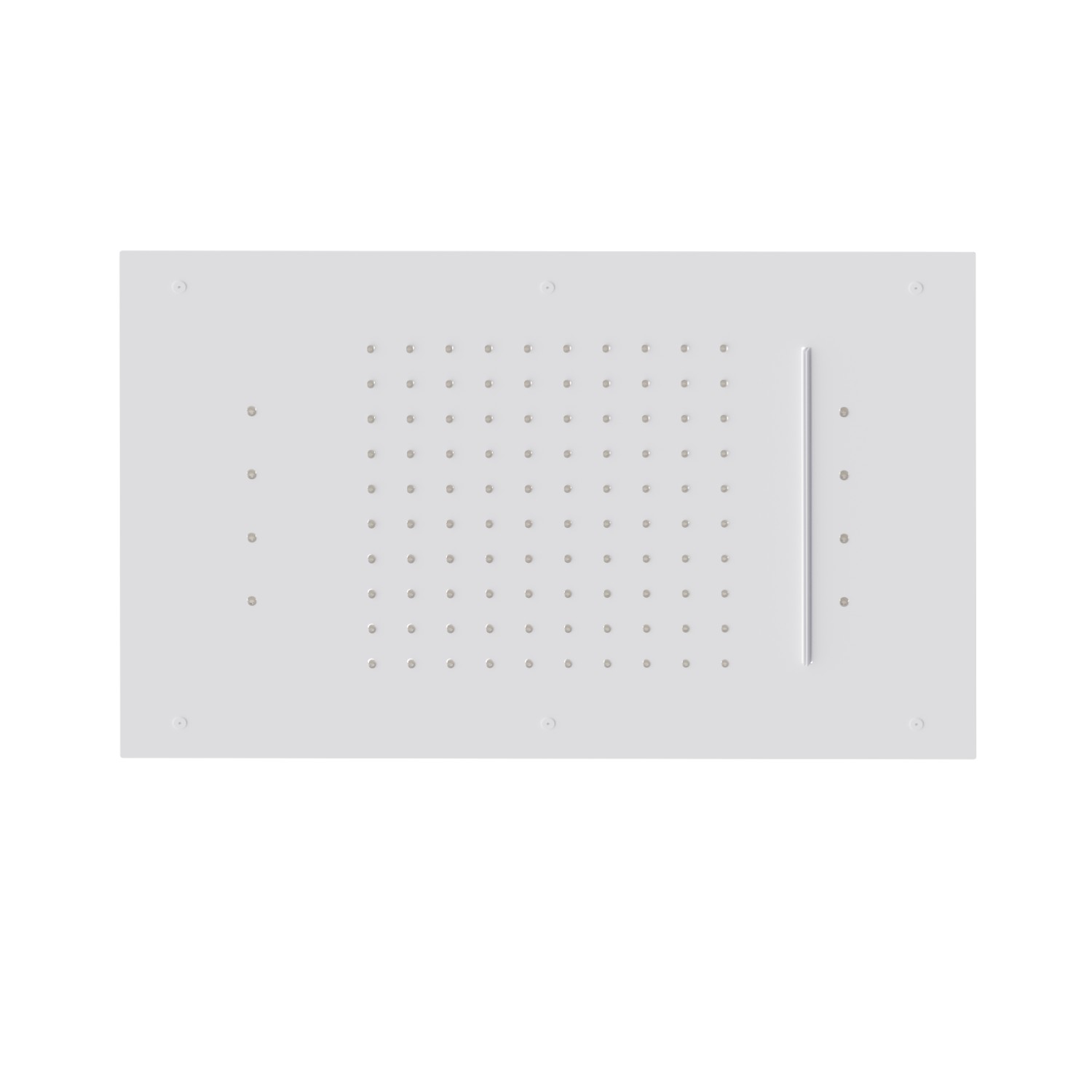 Soffione rettangolare ad incasso in acciaio con getto a pioggia, getto a cascata e sistema di illuminazione multicolore automatico.
600x400 mm. - finitura Bianco opaco