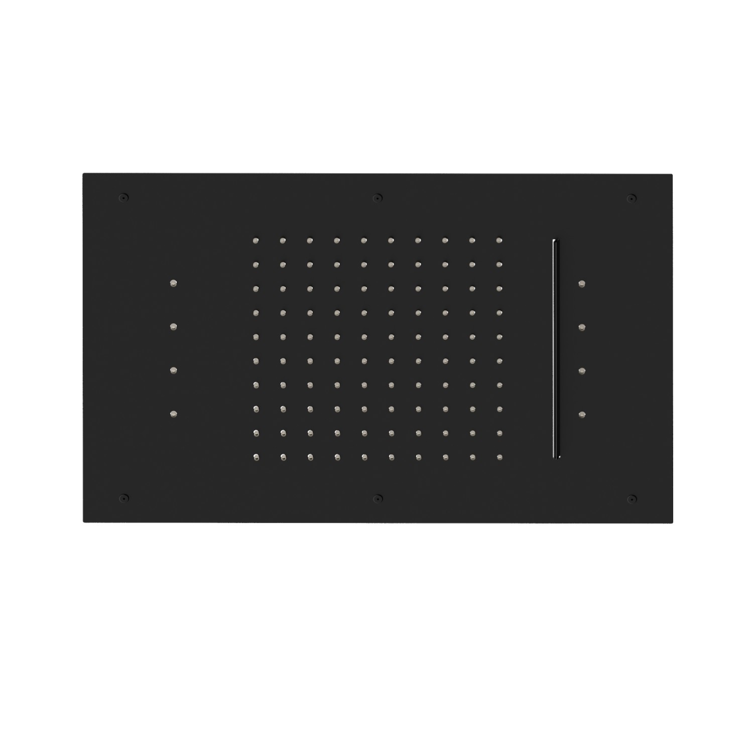 Soffione rettangolare ad incasso in acciaio con getto a pioggia, getto a cascata e sistema di illuminazione multicolore automatico.
600x400 mm. - finitura Nero opaco
