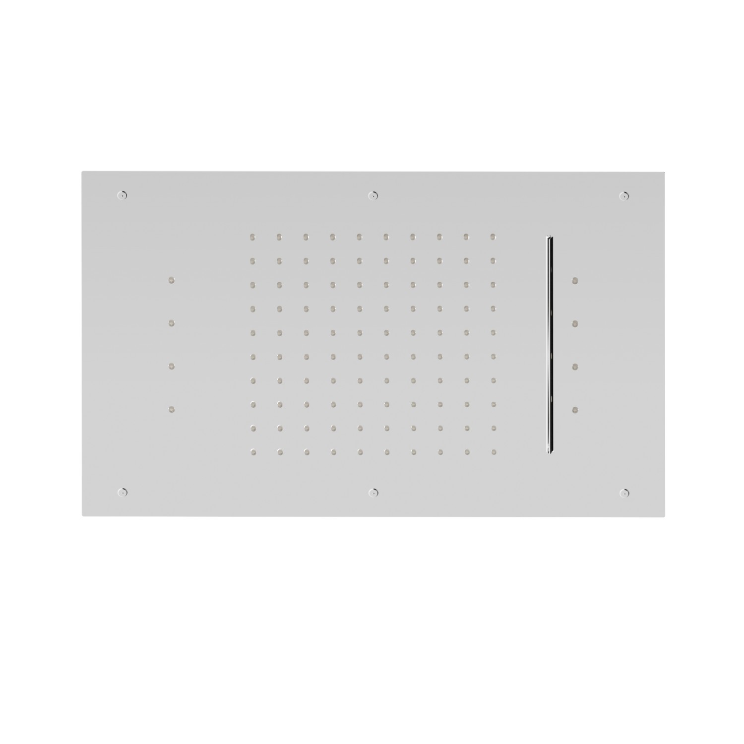 Soffione rettangolare ad incasso in acciaio con getto a pioggia, getto a cascata e sistema di illuminazione multicolore automatico.
600x400 mm. - finitura Cromo