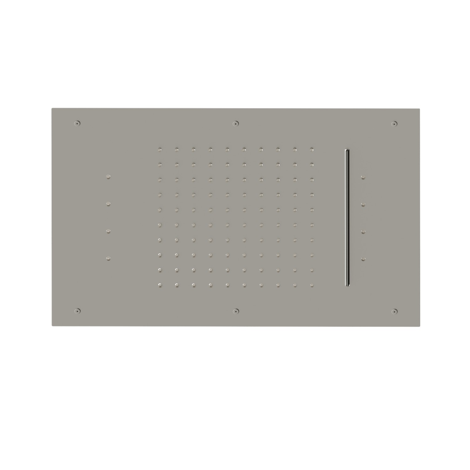 Soffione rettangolare ad incasso in acciaio con getto a pioggia, getto a cascata e sistema di illuminazione multicolore automatico.
600x400 mm. - finitura Titanium Satin