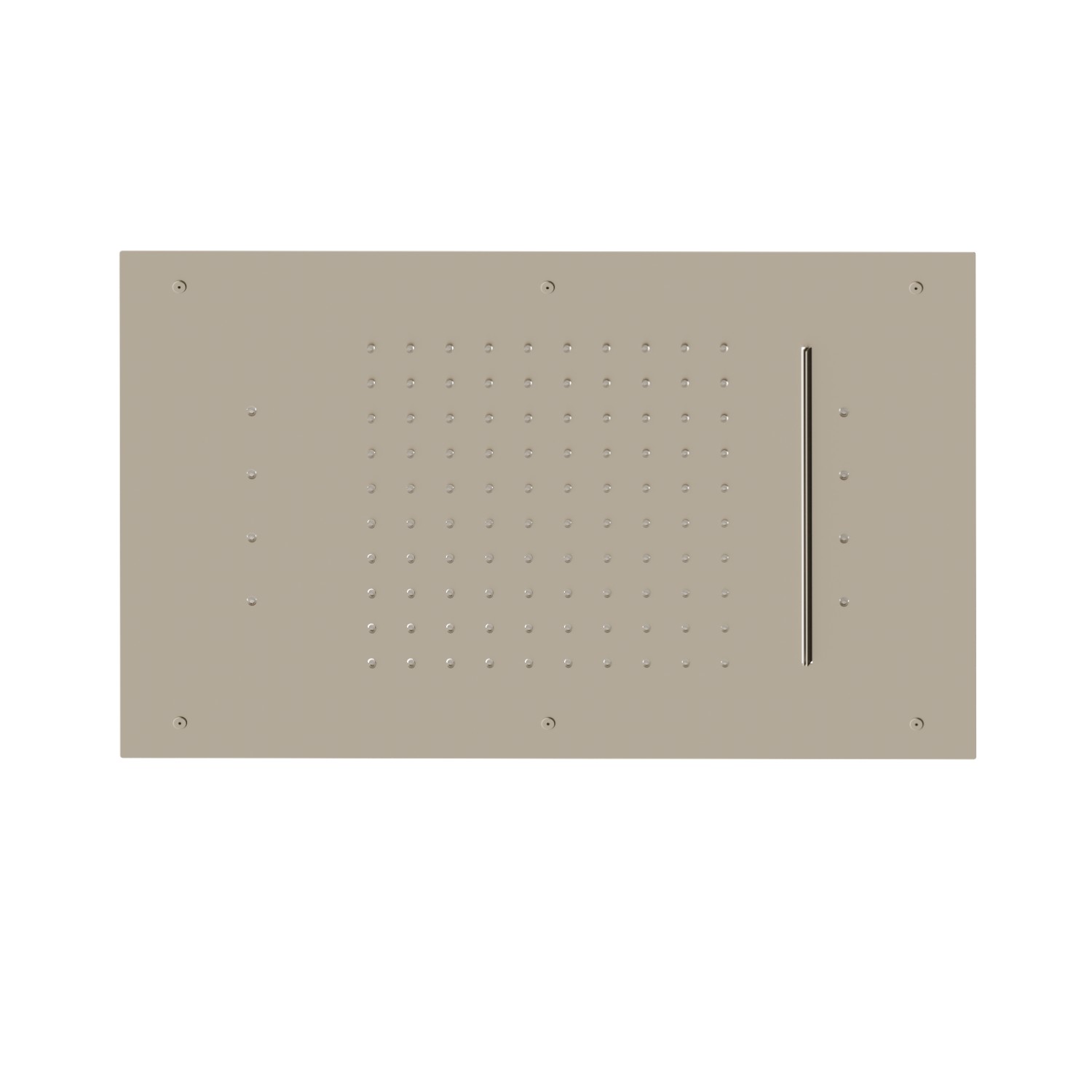 Soffione rettangolare ad incasso in acciaio con getto a pioggia, getto a cascata e sistema di illuminazione multicolore automatico.
600x400 mm. - finitura Gold Satin