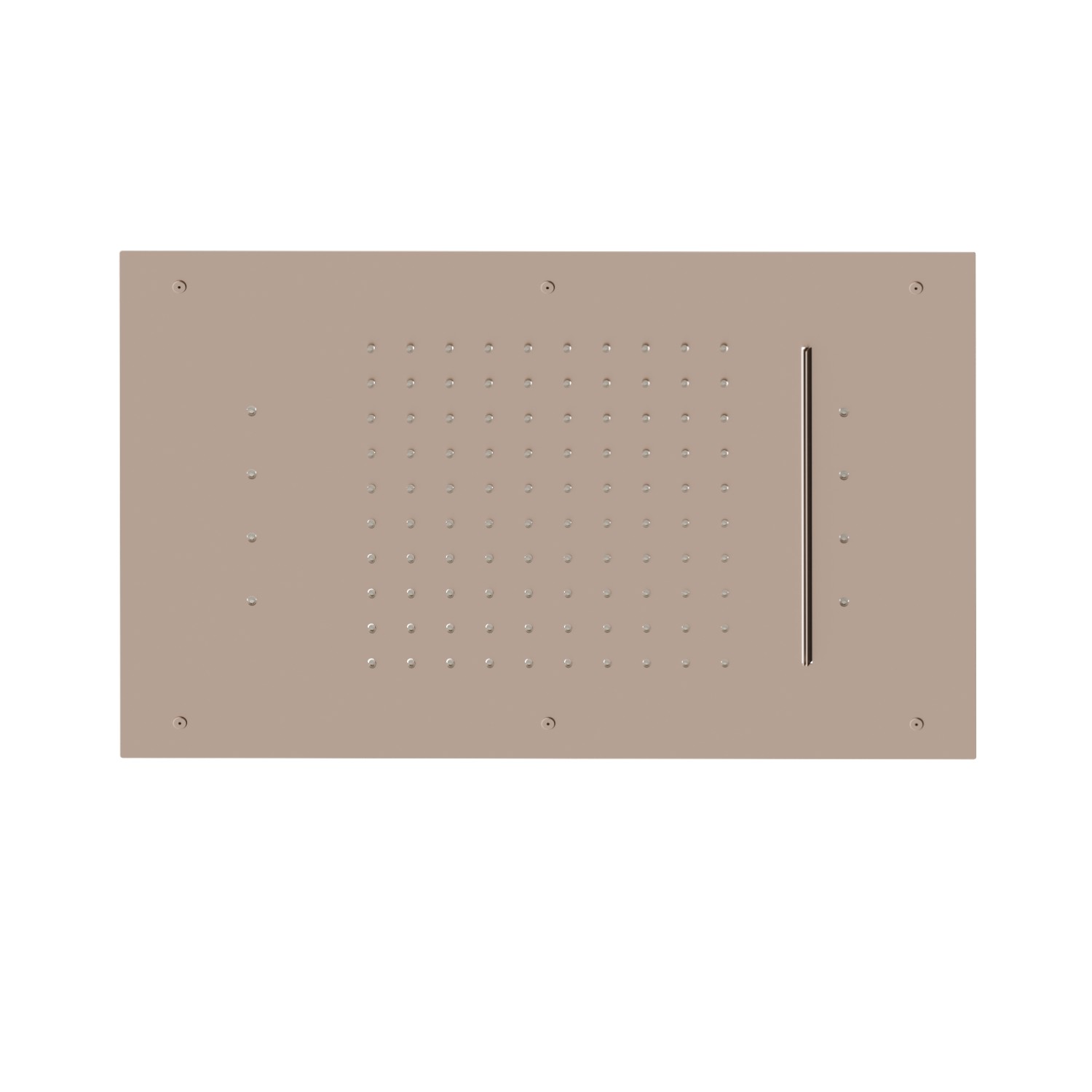 Soffione rettangolare ad incasso in acciaio con getto a pioggia, getto a cascata e sistema di illuminazione multicolore automatico.
600x400 mm. - finitura Copper Satin