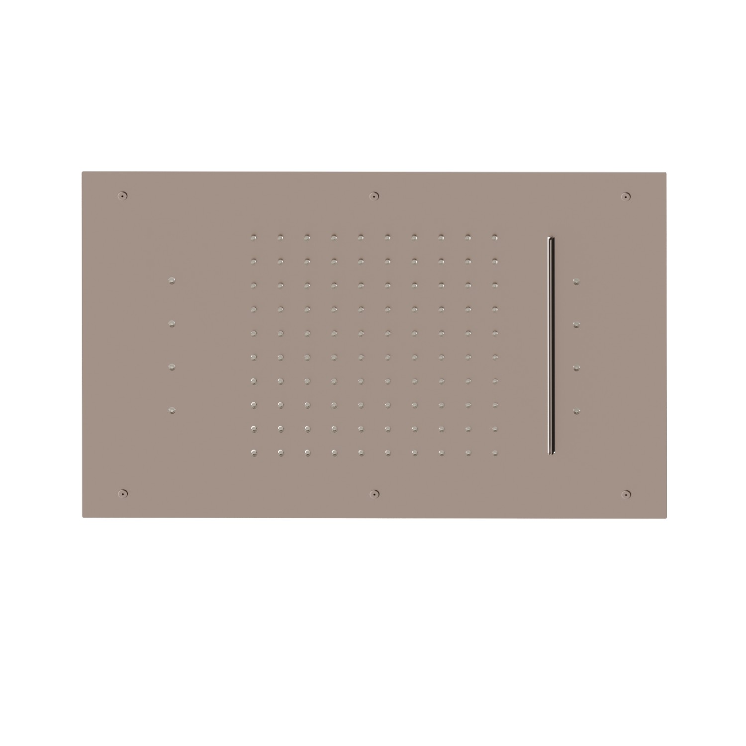 Soffione rettangolare ad incasso in acciaio con getto a pioggia, getto a cascata e sistema di illuminazione multicolore automatico.
600x400 mm. - finitura Copper Glossy