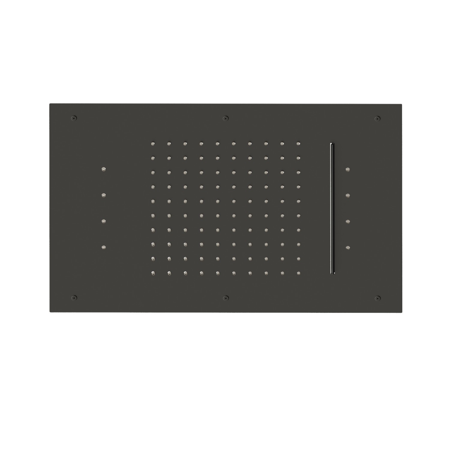 Soffione rettangolare ad incasso in acciaio con getto a pioggia, getto a cascata e sistema di illuminazione multicolore automatico.
600x400 mm. - finitura Carbon Satin