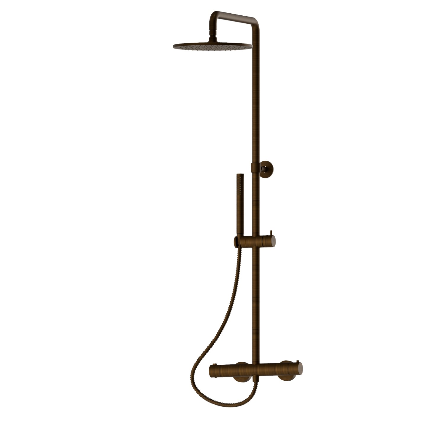 Colonna doccia corta corpo freddo con miscelatore termostatico esterno completo di deviatore, soffione e doccetta in ottone. - finitura Groove Bronze