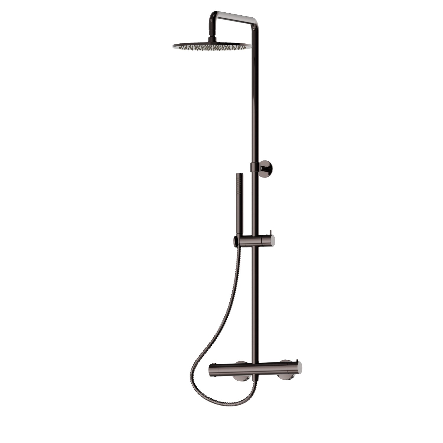 Colonna doccia corta corpo freddo con miscelatore termostatico esterno completo di deviatore, soffione e doccetta in ottone. - finitura PVD Gun Metal