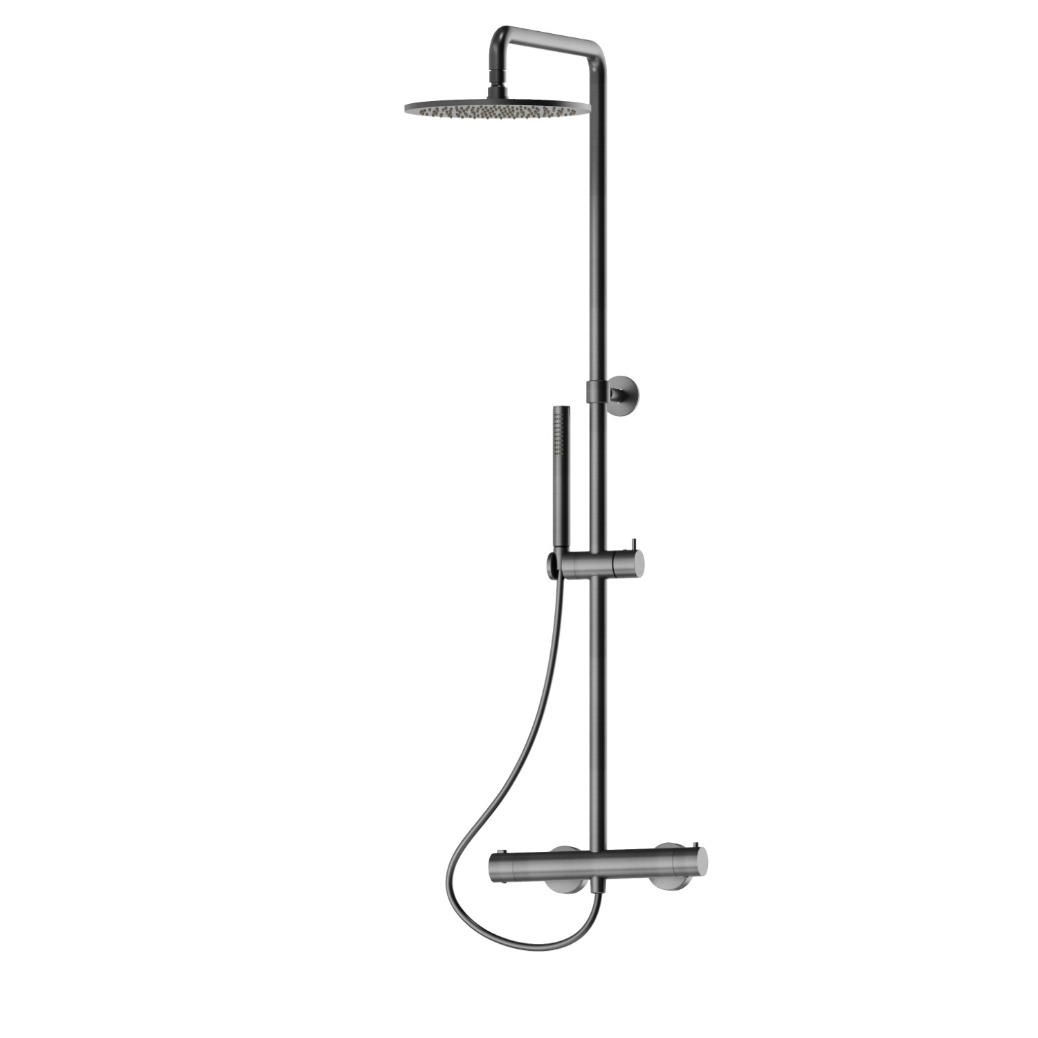 Colonne de douche courte corps froid avec mitigeur thermostatique externe doté de déviateur, ciel de pluie et douchette en laiton - finition PVD Brushed Gun Metal