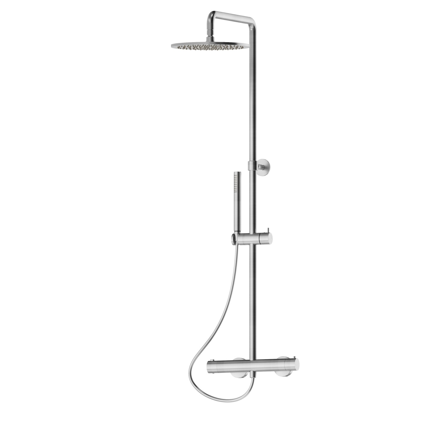 Colonne de douche courte corps froid avec mitigeur thermostatique externe doté de déviateur, ciel de pluie et douchette en laiton - finition PVD Brushed steel