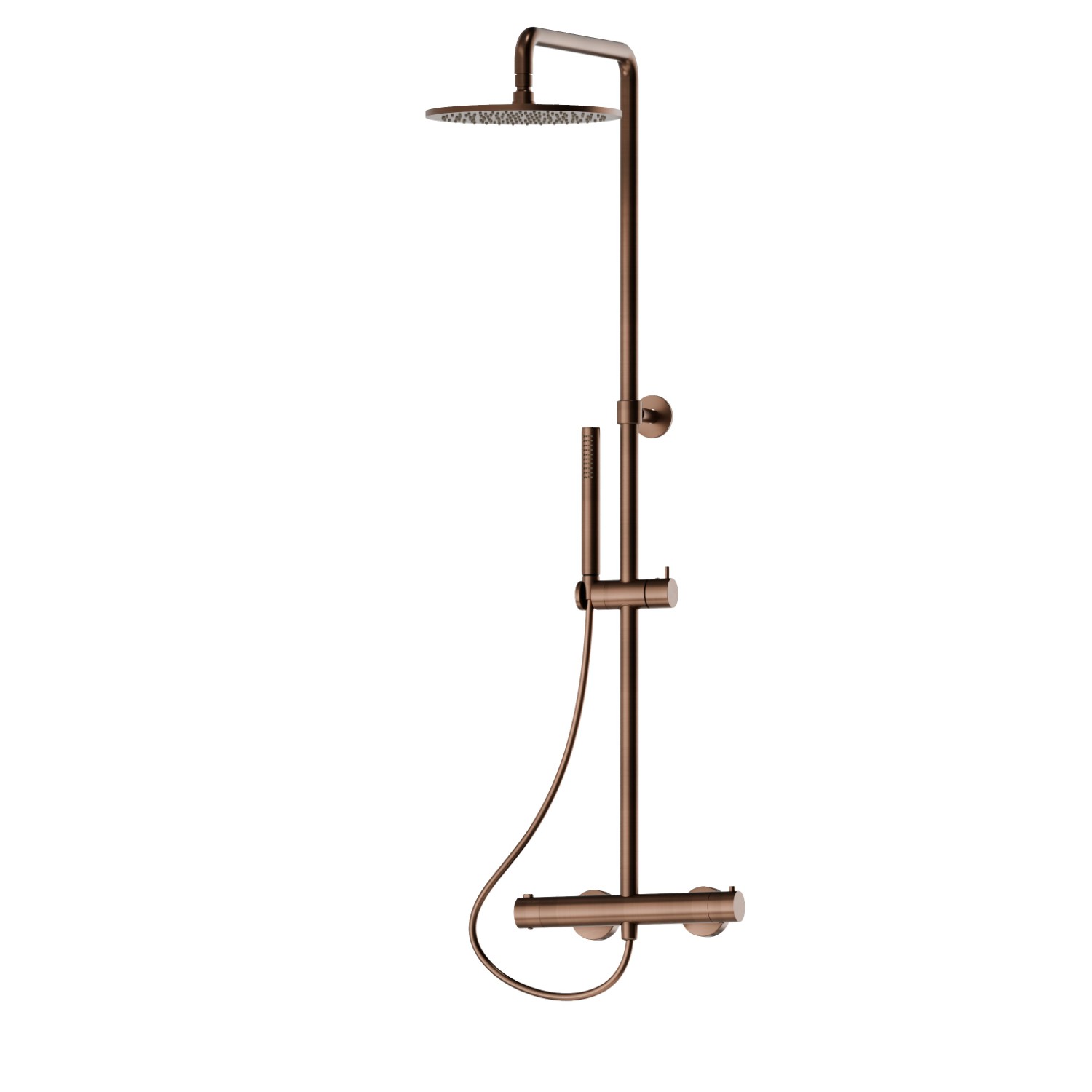 Colonna doccia corta corpo freddo con miscelatore termostatico esterno completo di deviatore, soffione e doccetta in ottone. - finitura PVD Brushed Copper Bronze