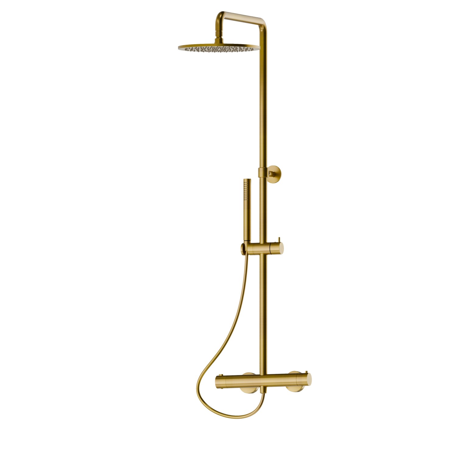 Colonna doccia corta corpo freddo con miscelatore termostatico esterno completo di deviatore, soffione e doccetta in ottone. - finitura PVD Brushed Gold
