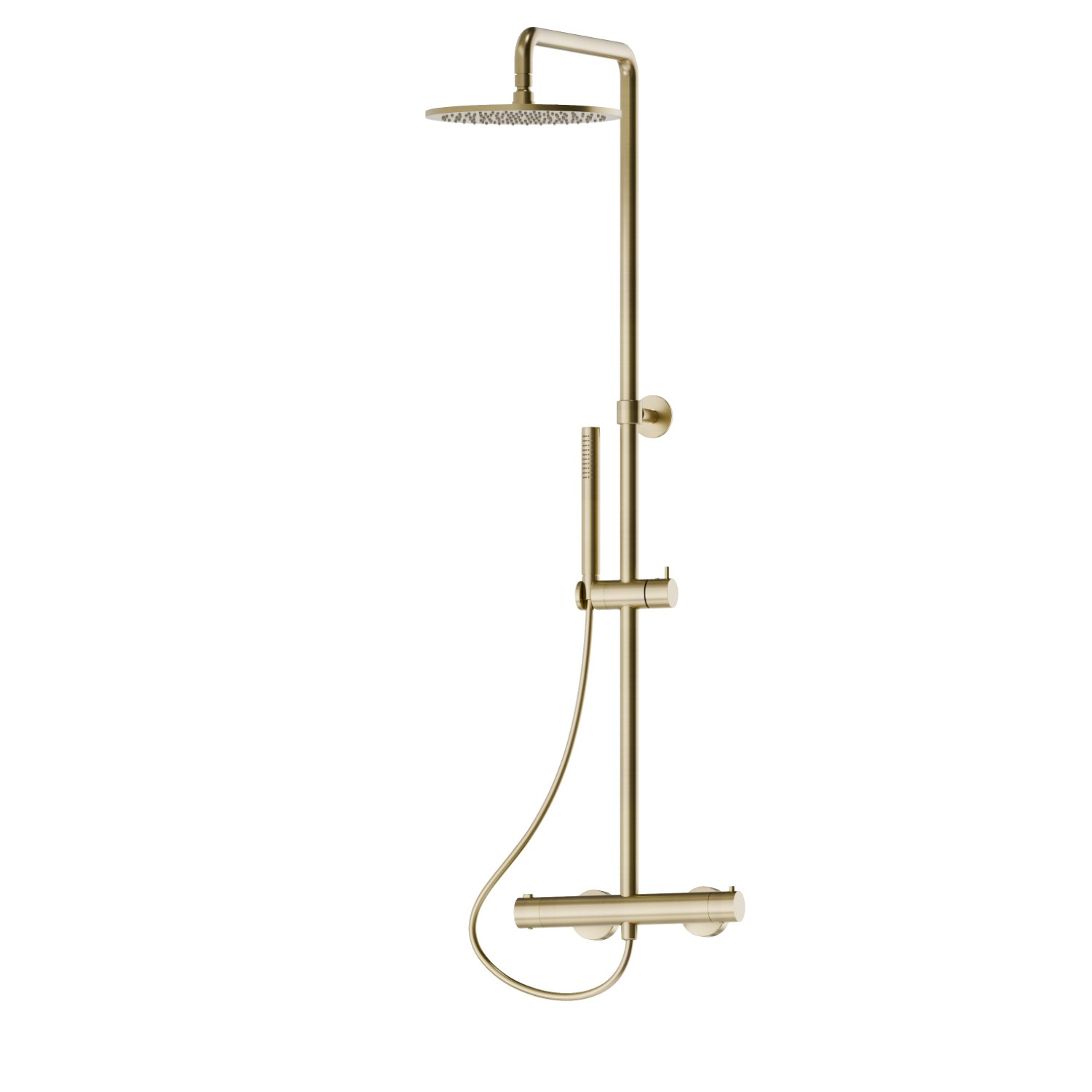 Colonna doccia corta corpo freddo con miscelatore termostatico esterno completo di deviatore, soffione e doccetta in ottone. - finitura PVD Brushed Pale Gold