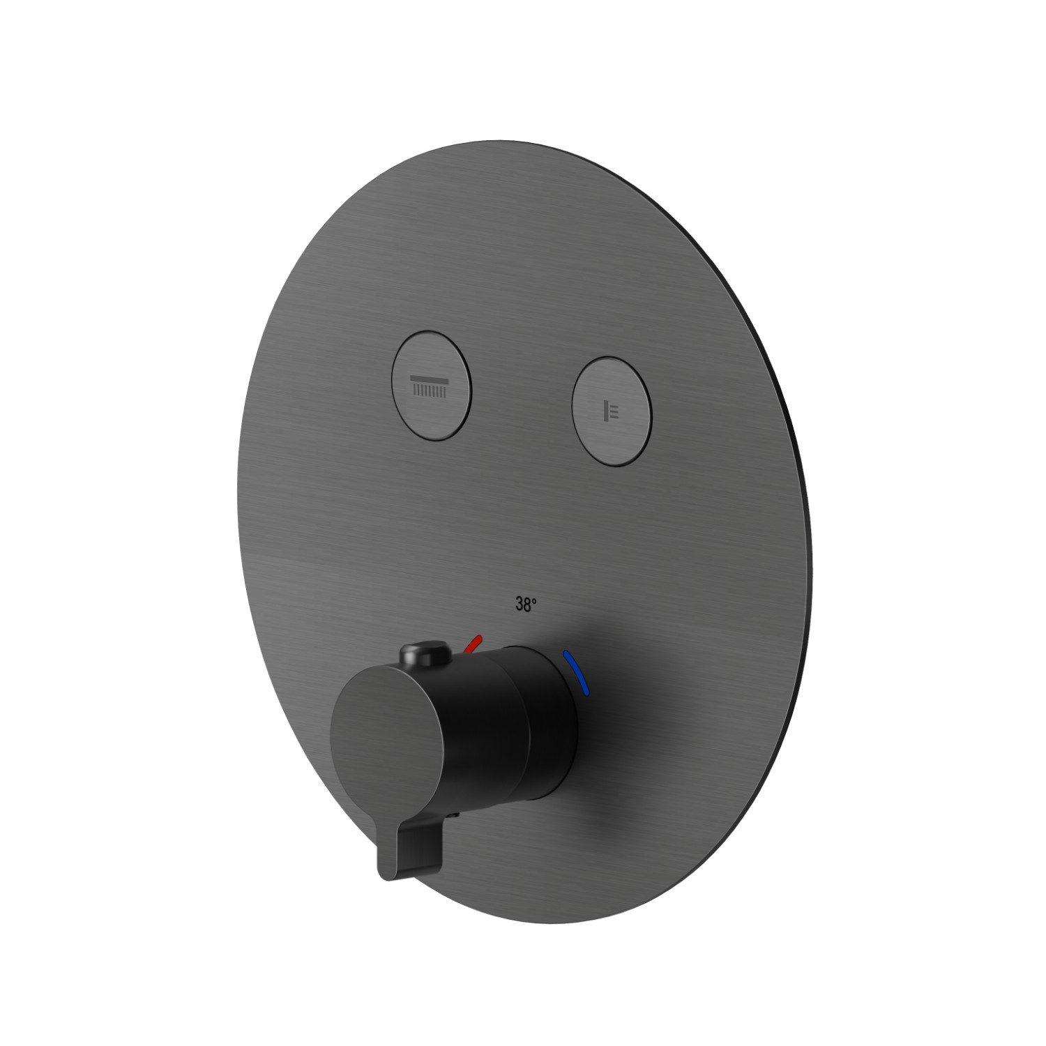 2 ways out thermostatic concealed mixer, with one handle for temperature control and buttons on/off. External part - finish PVD Brushed Gun Metal