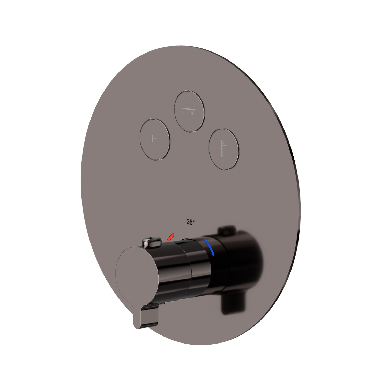 3 ways out thermostatic concealed mixer, with one handle for temperature control and buttons on/off. External part - finish PVD Gun Metal