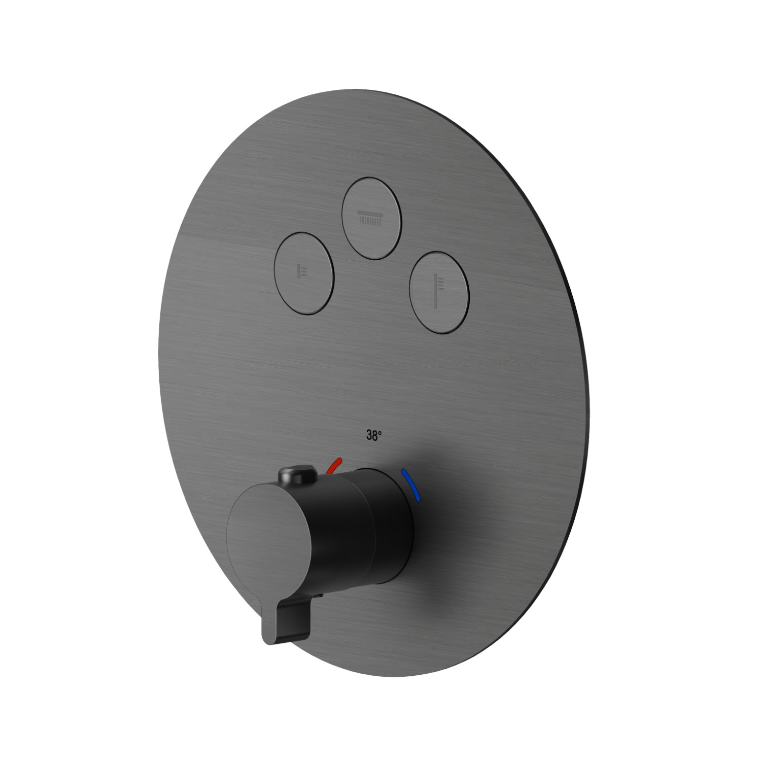 3 ways out thermostatic concealed mixer, with one handle for temperature control and buttons on/off. External part - finish PVD Brushed Gun Metal