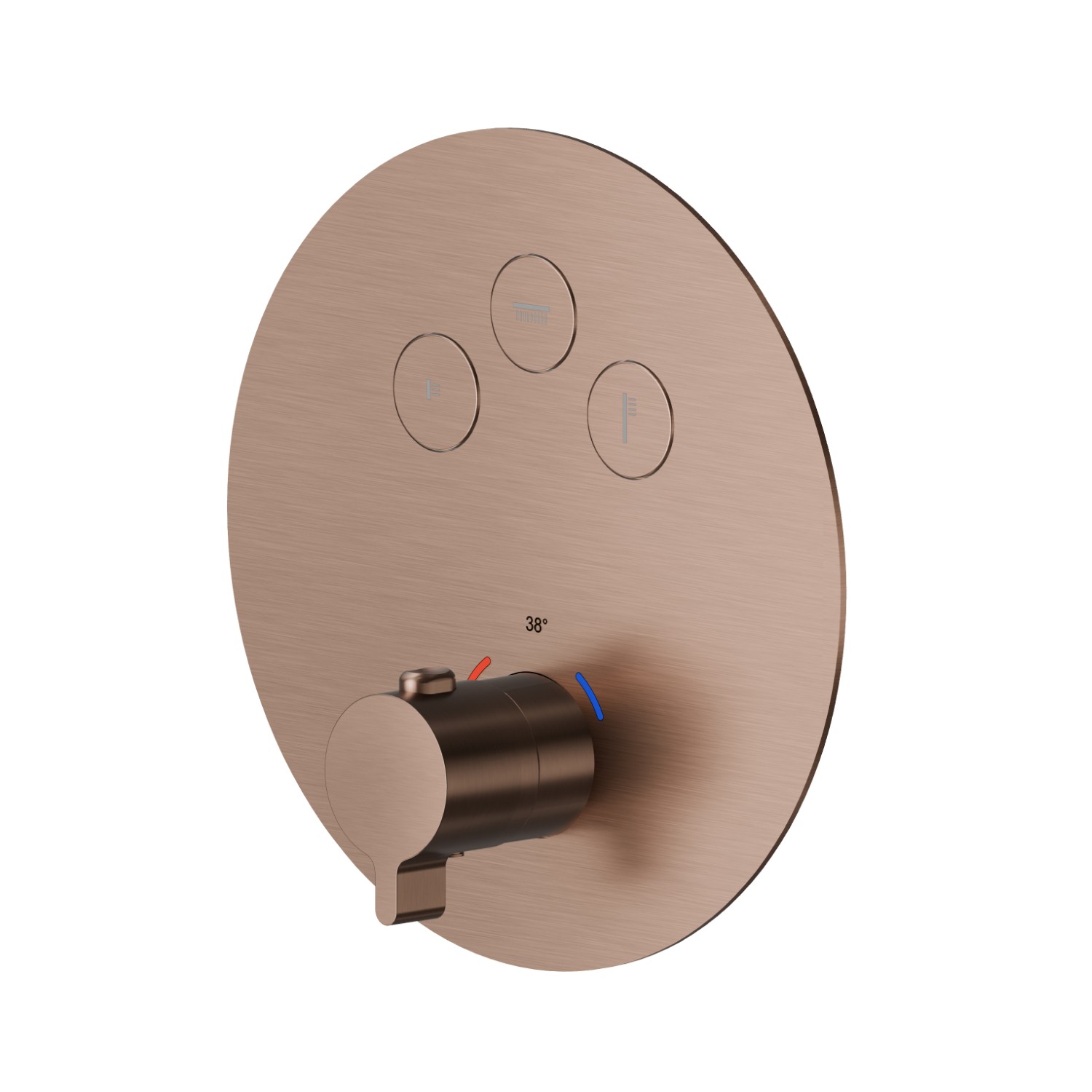 3 ways out thermostatic concealed mixer, with one handle for temperature control and buttons on/off. External part - finish PVD Brushed Copper Bronze