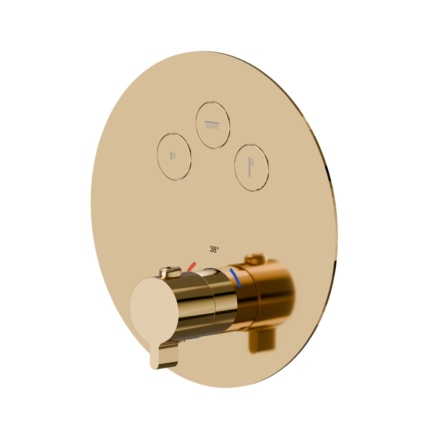 3 ways out thermostatic concealed mixer, with one handle for temperature control and buttons on/off. External part - finish PVD Glossy Gold