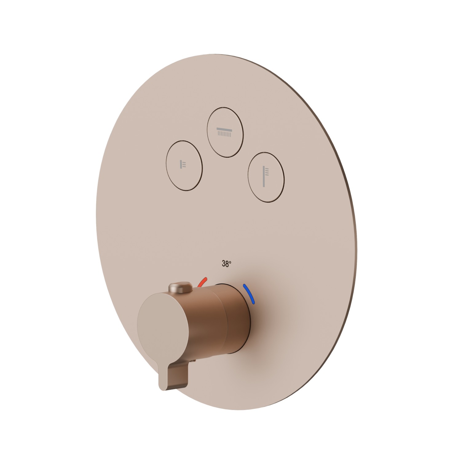 3 ways out thermostatic concealed mixer, with one handle for temperature control and buttons on/off. External part - finish Copper Satin