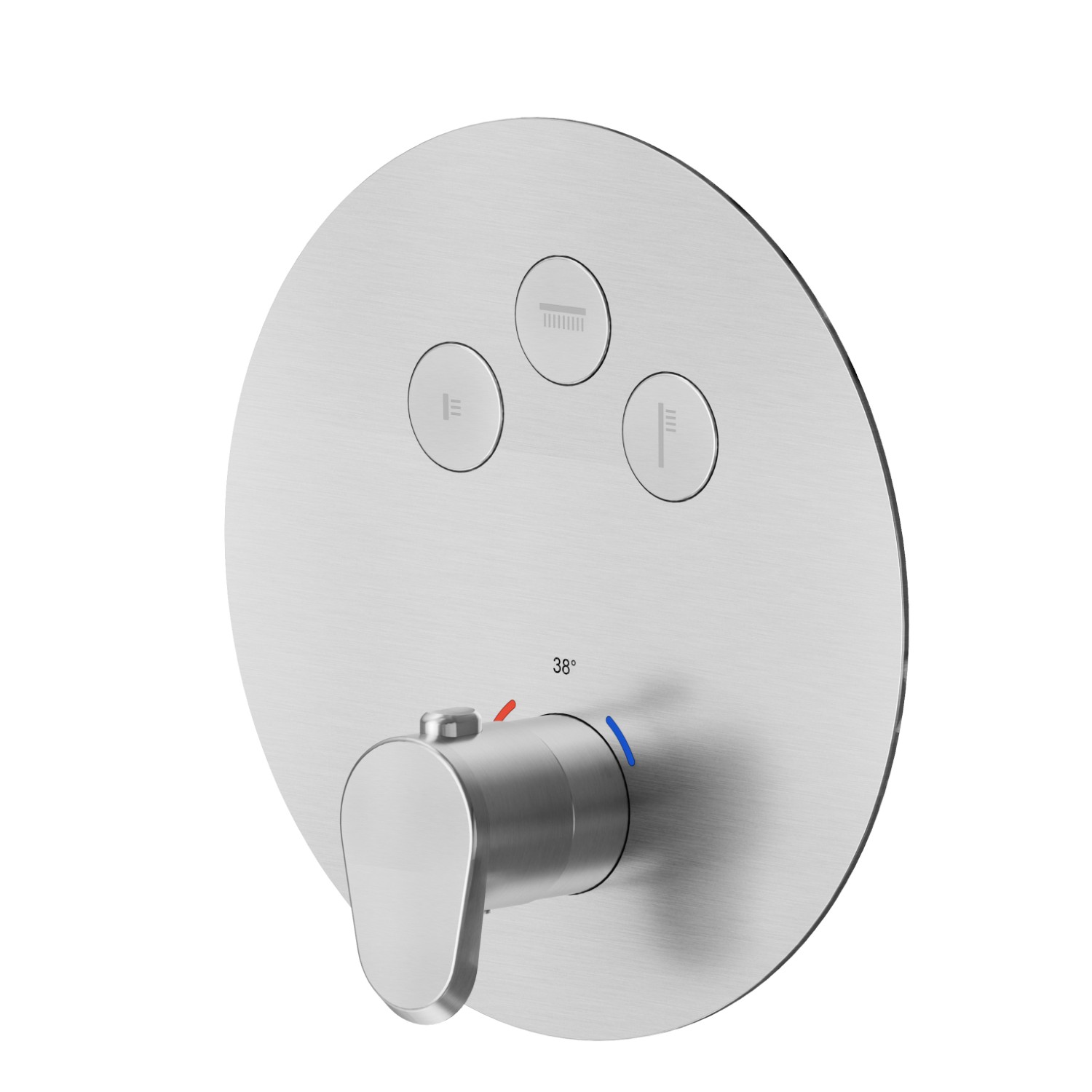 3 ways out thermostatic concealed mixer, with one handle for temperature control and buttons on/off. External part - finish PVD Brushed steel
