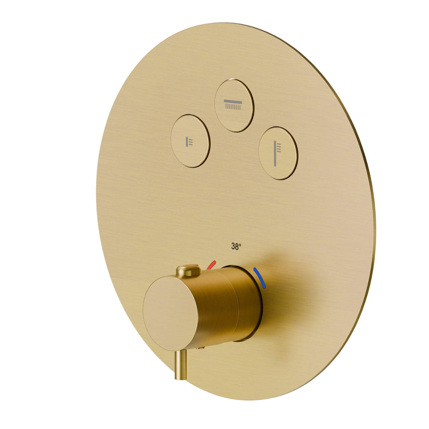 Miscelatore termostatico ad incasso a 3 uscite, con comando per la regolazione della temperatura e pulsanti on/off. Parte esterna - finitura PVD Brushed Gold