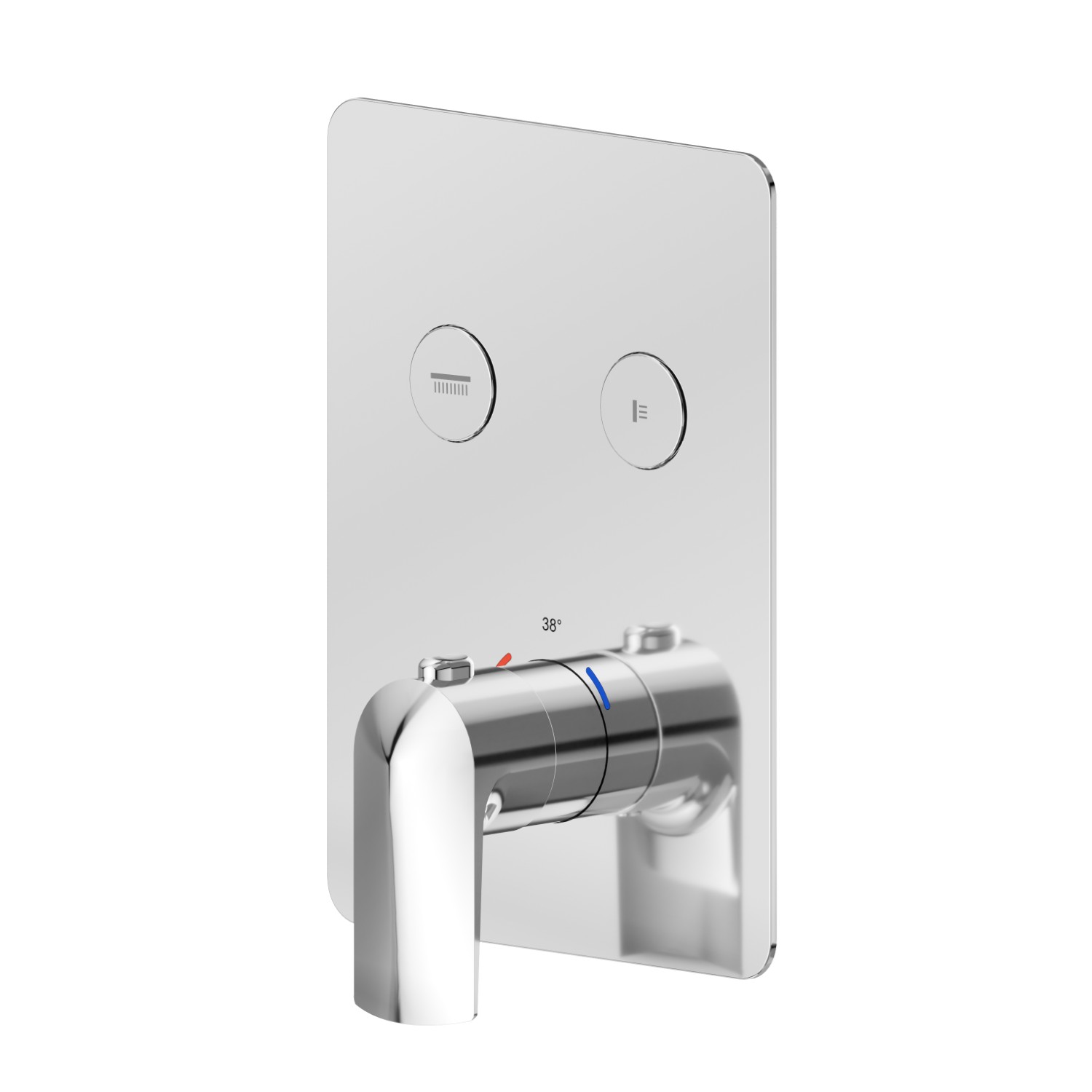 Thermostatischer einbaumischer mit 2-wege, mit bedienung zur temperaturregulierung und ein/aus-tasten. Außenteil - oberfläche Chrom