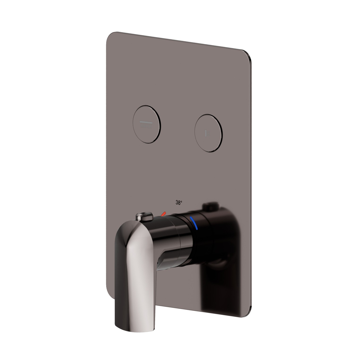2 ways out thermostatic concealed mixer, with one handle for temperature control and buttons on/off. External part - finish PVD Gun Metal