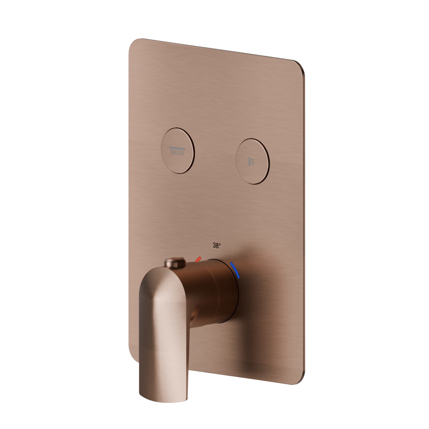 2 ways out thermostatic concealed mixer, with one handle for temperature control and buttons on/off. External part - finish PVD Brushed Copper Bronze