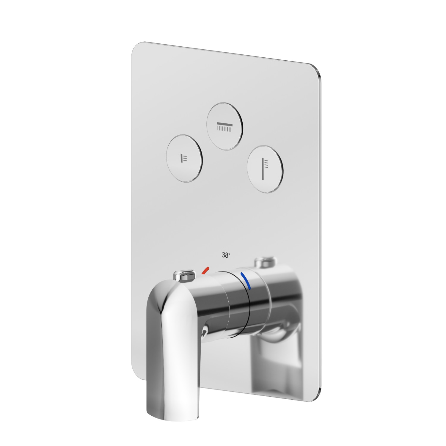 Miscelatore termostatico ad incasso a 3 uscite, con comando per la regolazione della temperatura e pulsanti on/off. Parte eterna - finitura Cromo
